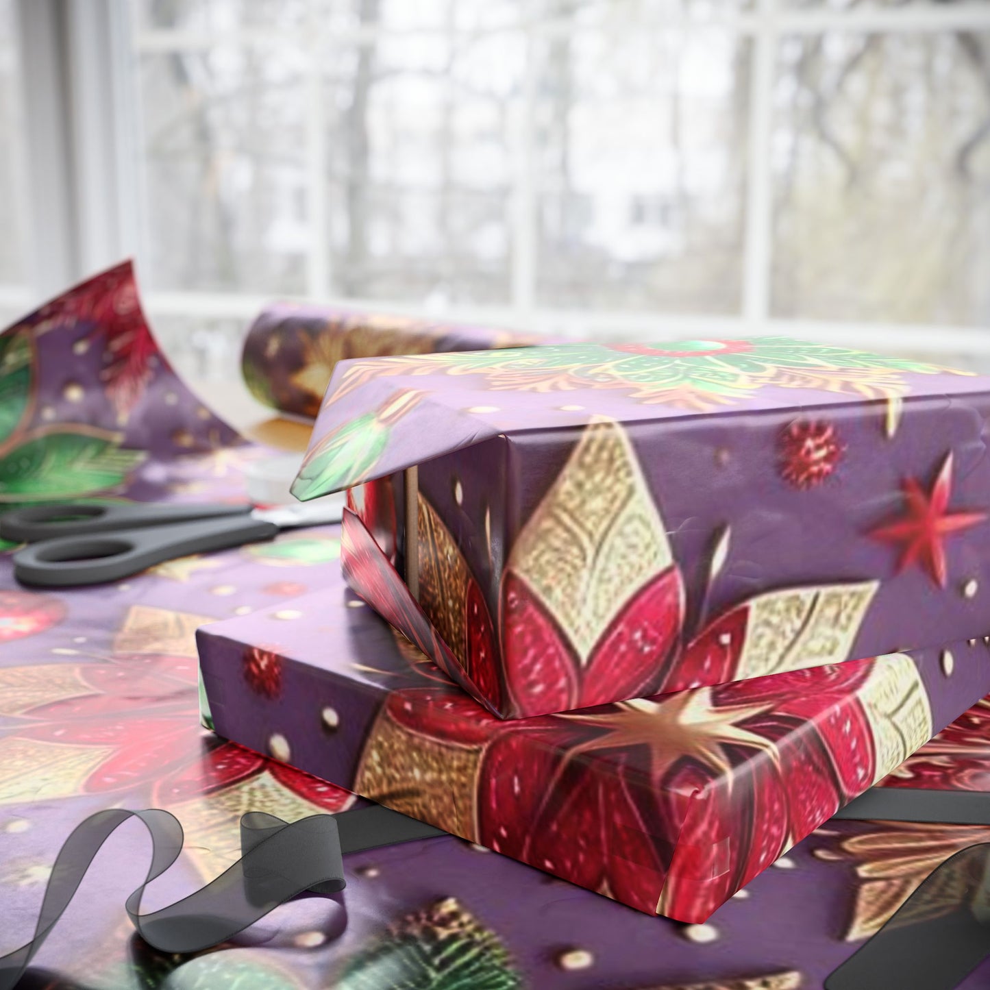 B.M.D Holiday Poinsettia Wrapping Paper — Festive Purple, Red & Gold Gift Wrap