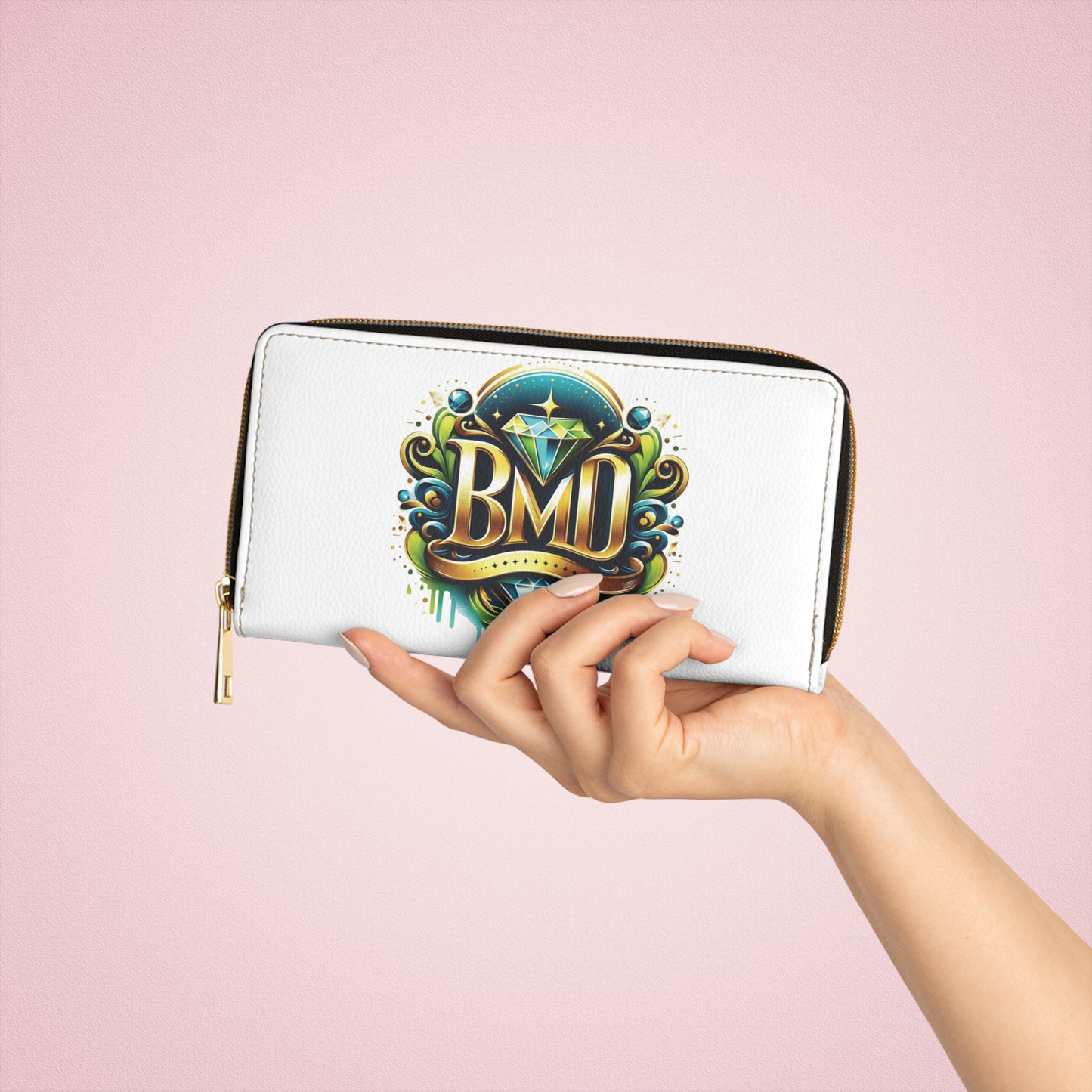 B.M.D White Zipper Wallet