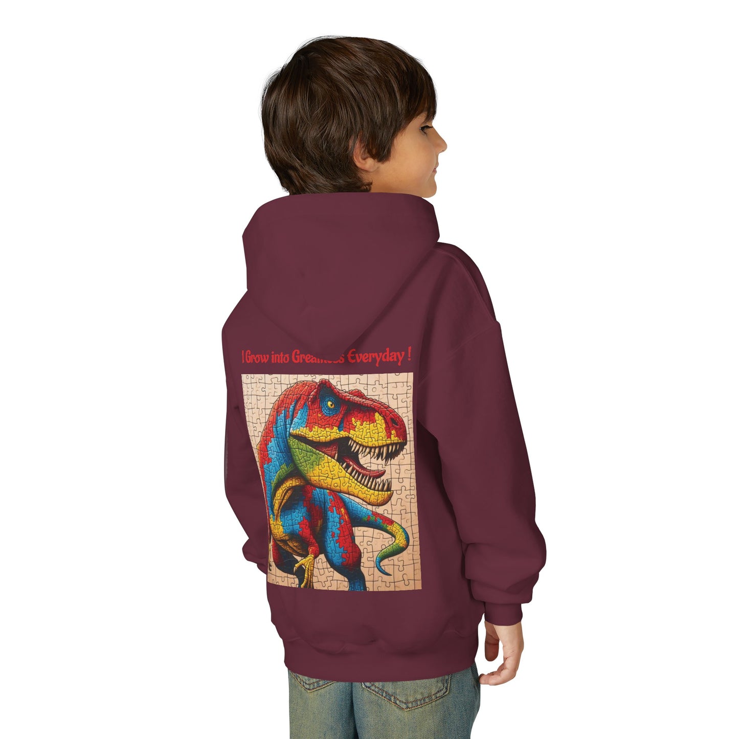 B.M.D Colorful Dinosaur Hoodie — Youth T‑Rex Puzzle Art Pullover
