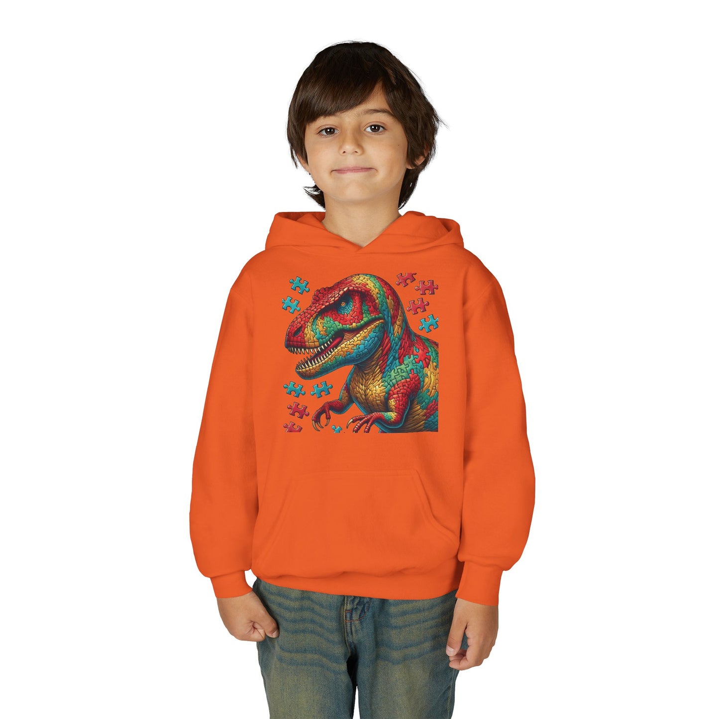 B.M.D Colorful Dinosaur Hoodie — Youth T‑Rex Puzzle Art Pullover
