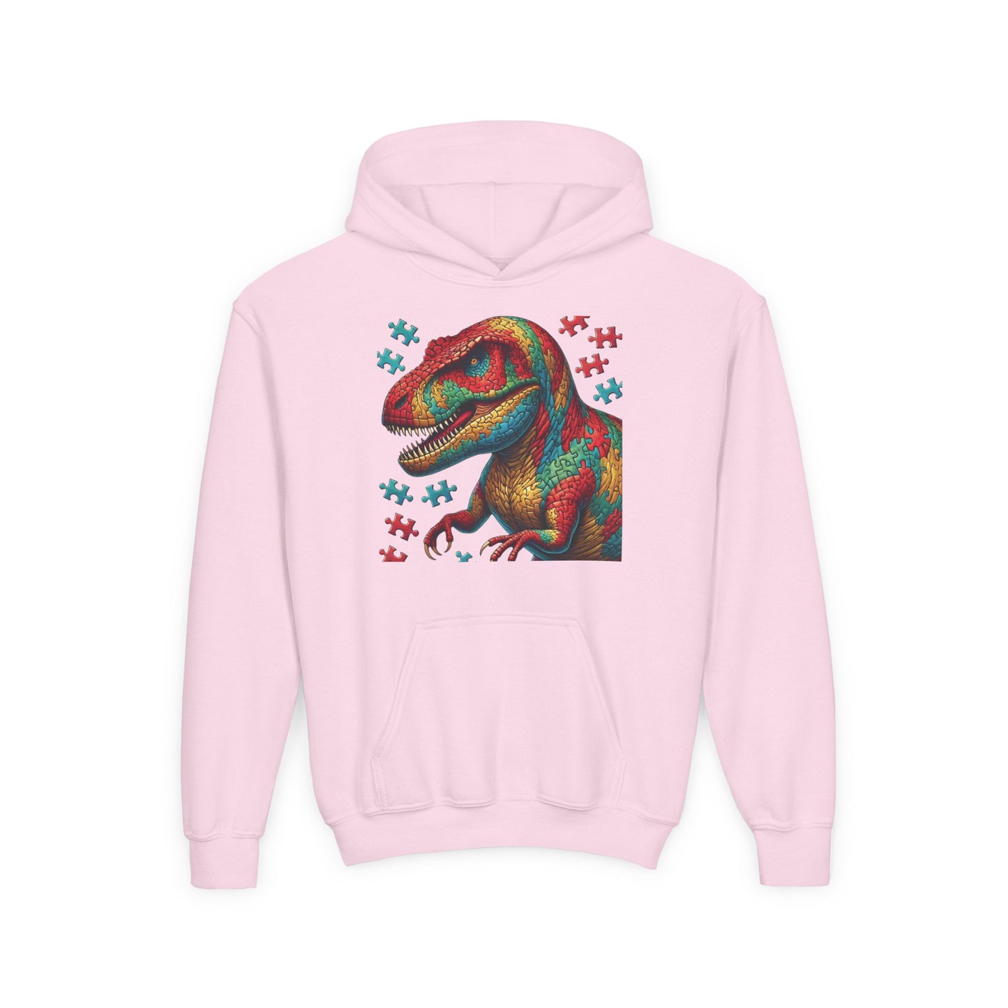 B.M.D Colorful Dinosaur Hoodie — Youth T‑Rex Puzzle Art Pullover