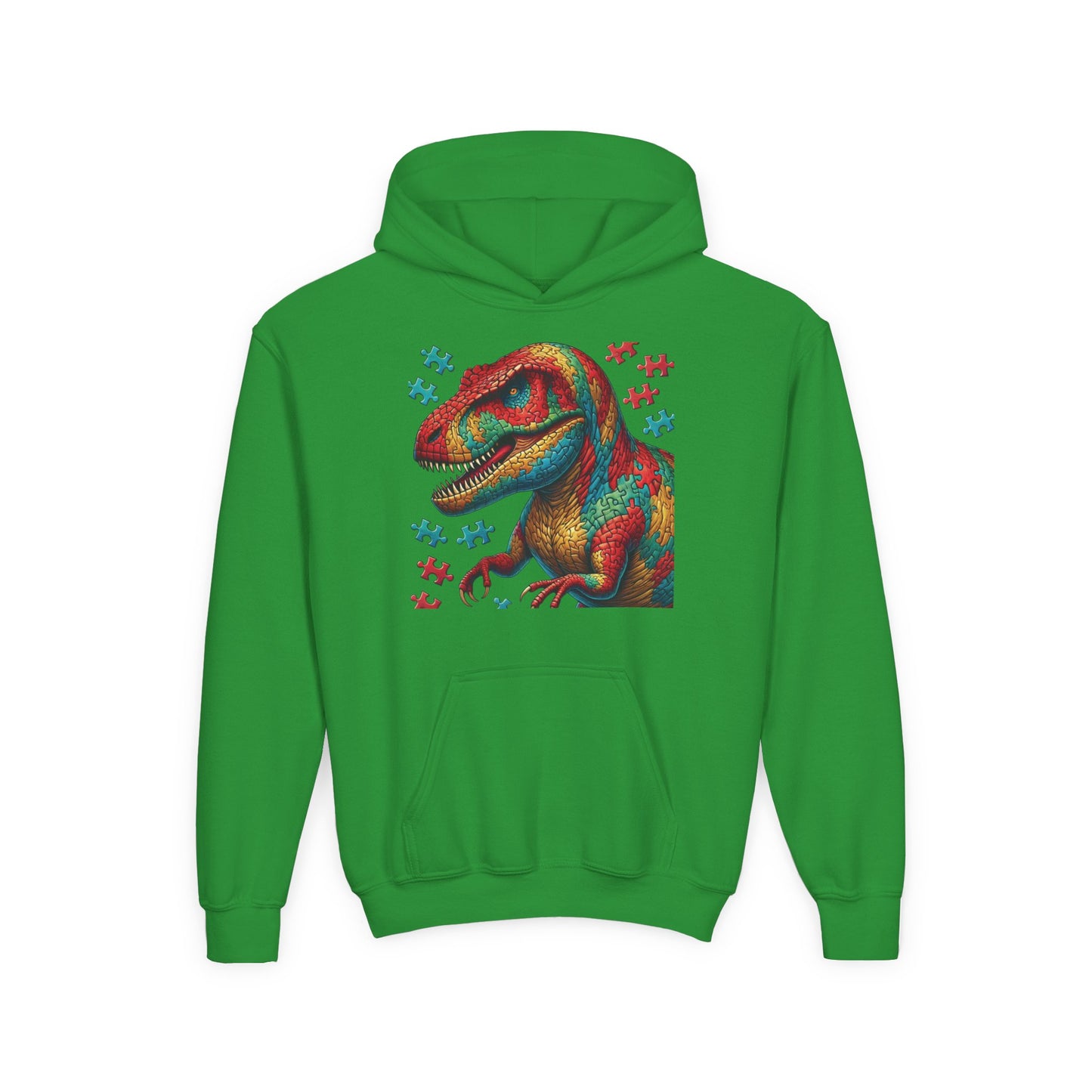 B.M.D Colorful Dinosaur Hoodie — Youth T‑Rex Puzzle Art Pullover