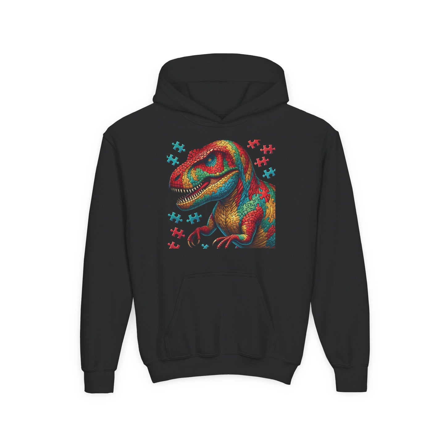 B.M.D Colorful Dinosaur Hoodie — Youth T‑Rex Puzzle Art Pullover