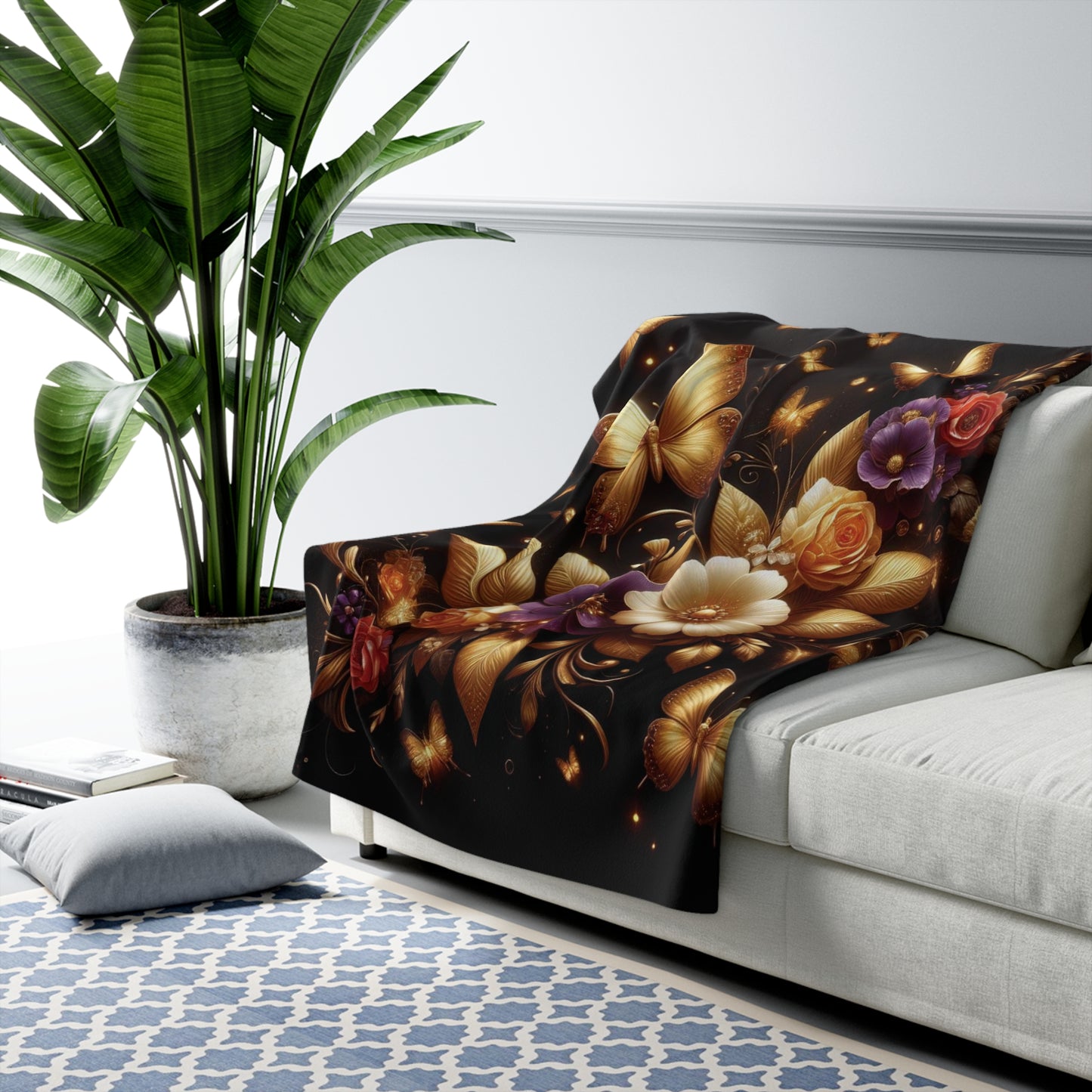 B.M.D Golden Butterfly and Flowers Fleece Blanket