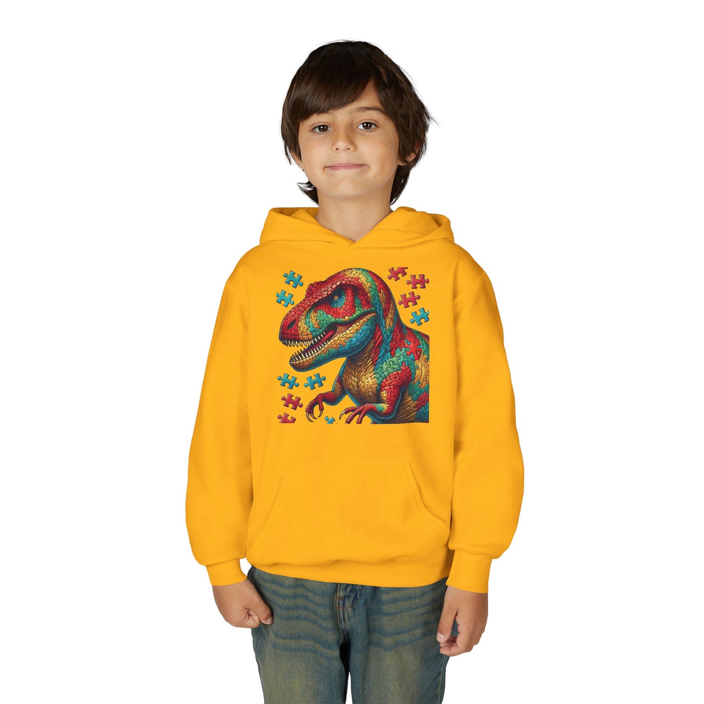 B.M.D Colorful Dinosaur Hoodie — Youth T‑Rex Puzzle Art Pullover