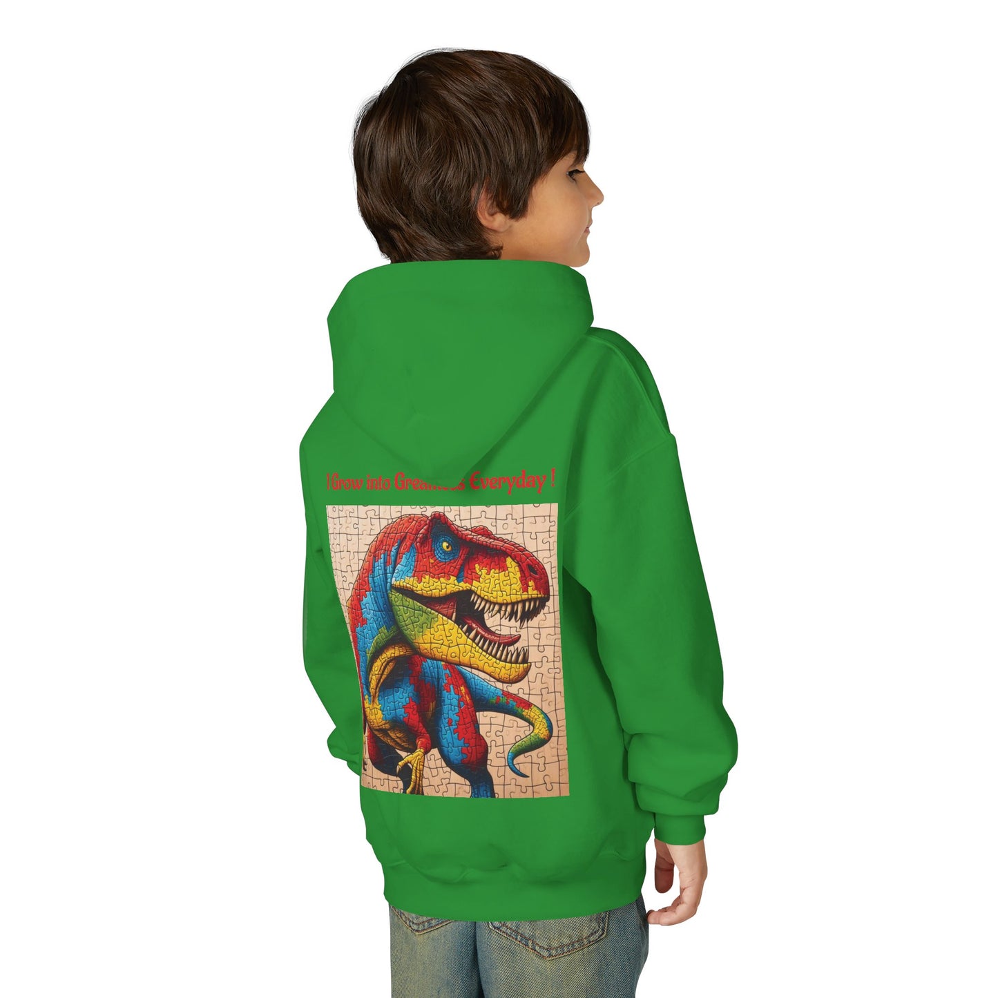 B.M.D Colorful Dinosaur Hoodie — Youth T‑Rex Puzzle Art Pullover