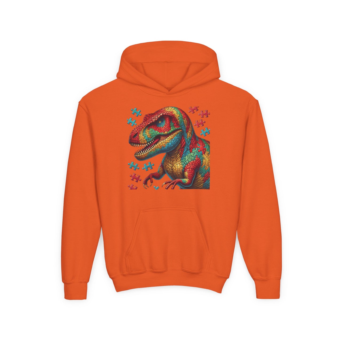 B.M.D Colorful Dinosaur Hoodie — Youth T‑Rex Puzzle Art Pullover