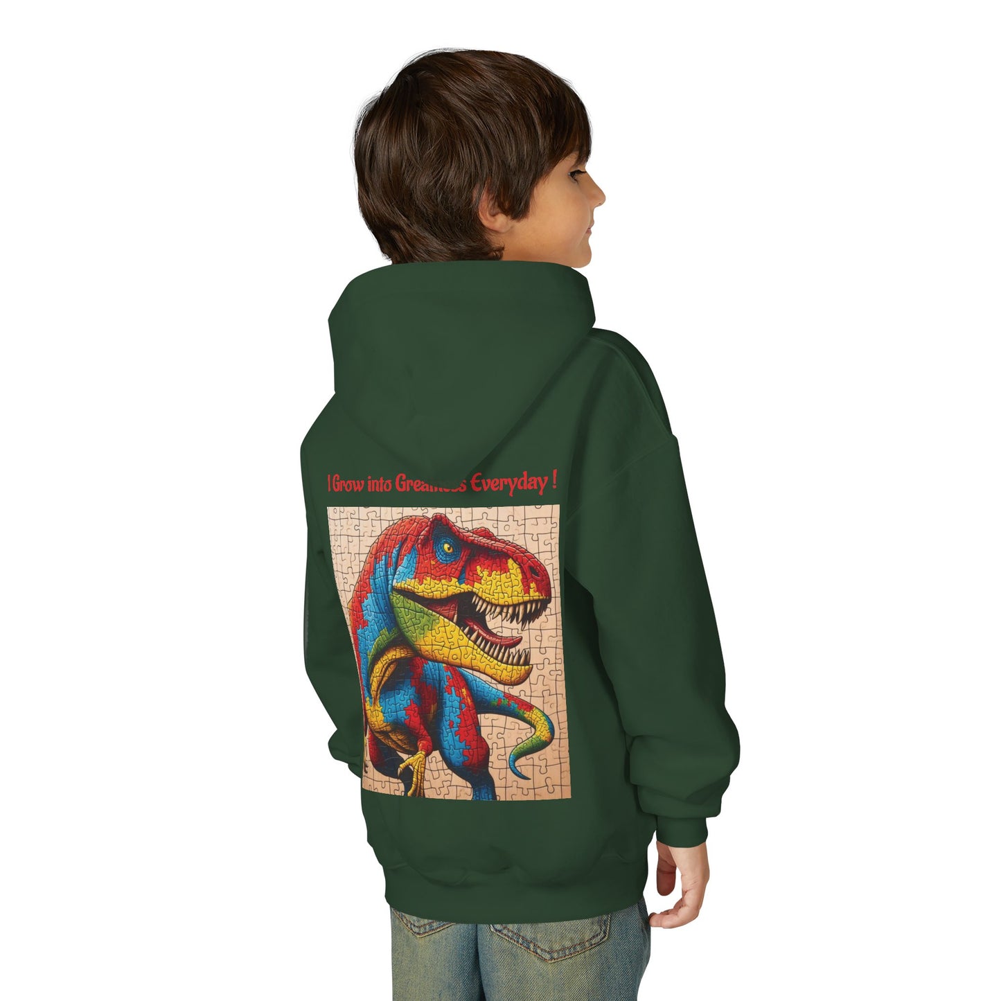 B.M.D Colorful Dinosaur Hoodie — Youth T‑Rex Puzzle Art Pullover