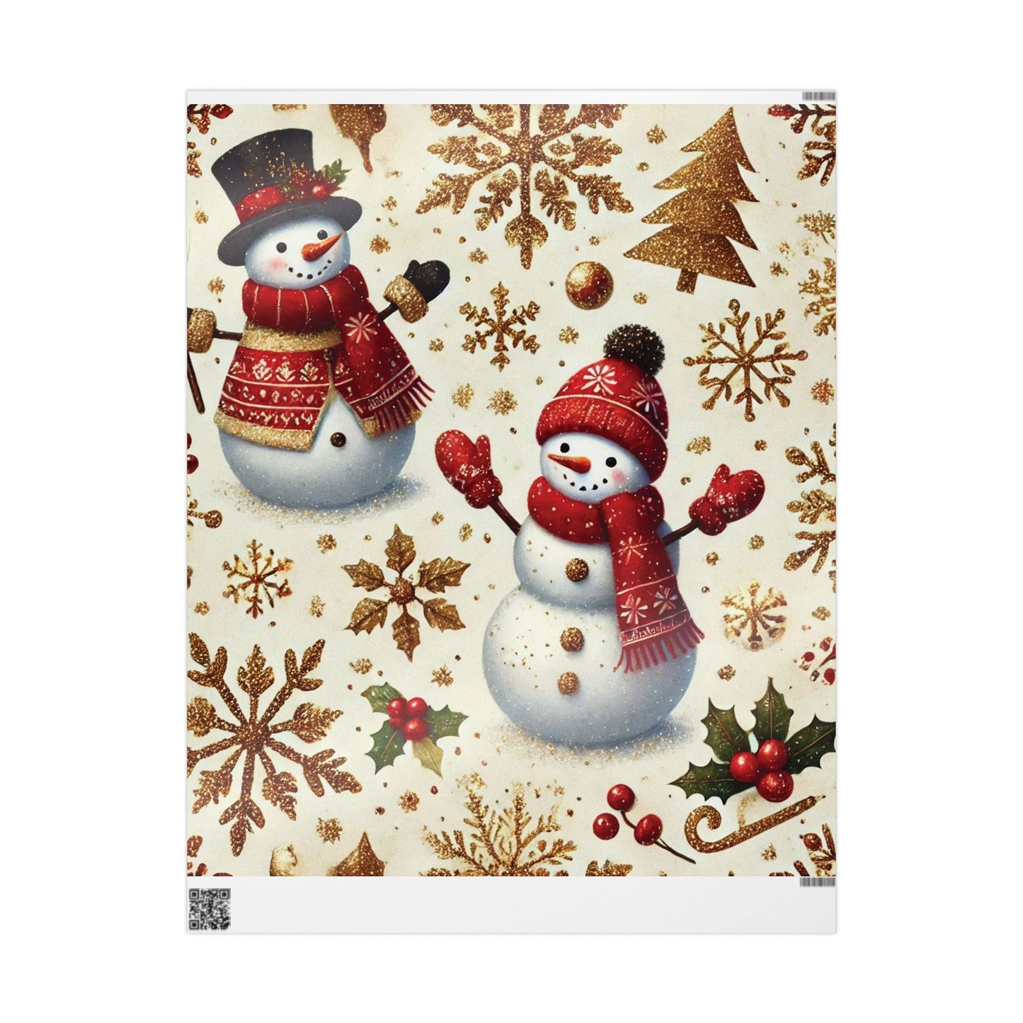 B.M.D Snowman Christmas Wrapping Paper - Festive Gold Snowflakes & Holly Gift Wrap