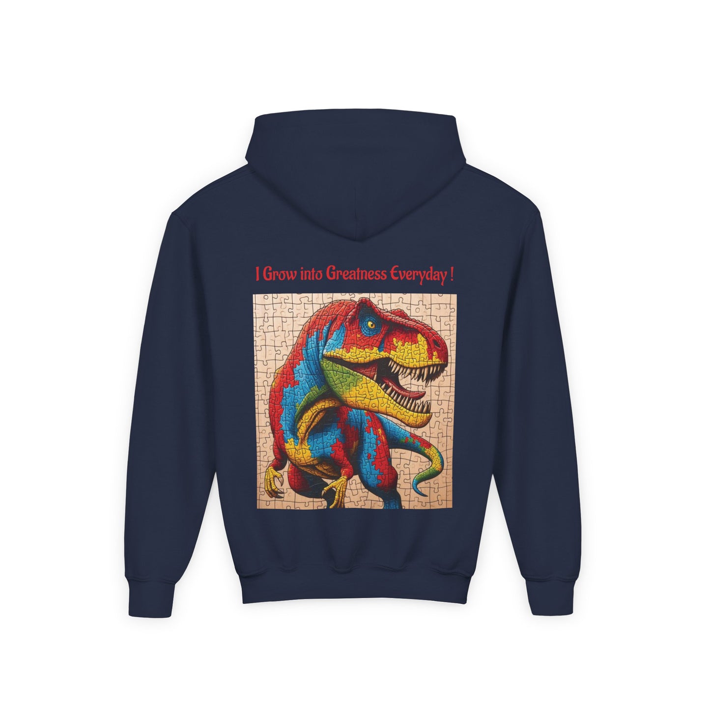 B.M.D Colorful Dinosaur Hoodie — Youth T‑Rex Puzzle Art Pullover