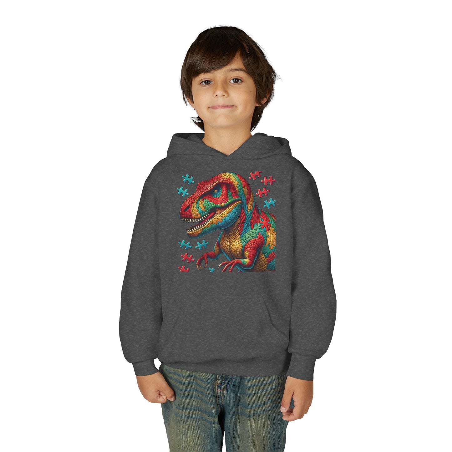 B.M.D Colorful Dinosaur Hoodie — Youth T‑Rex Puzzle Art Pullover