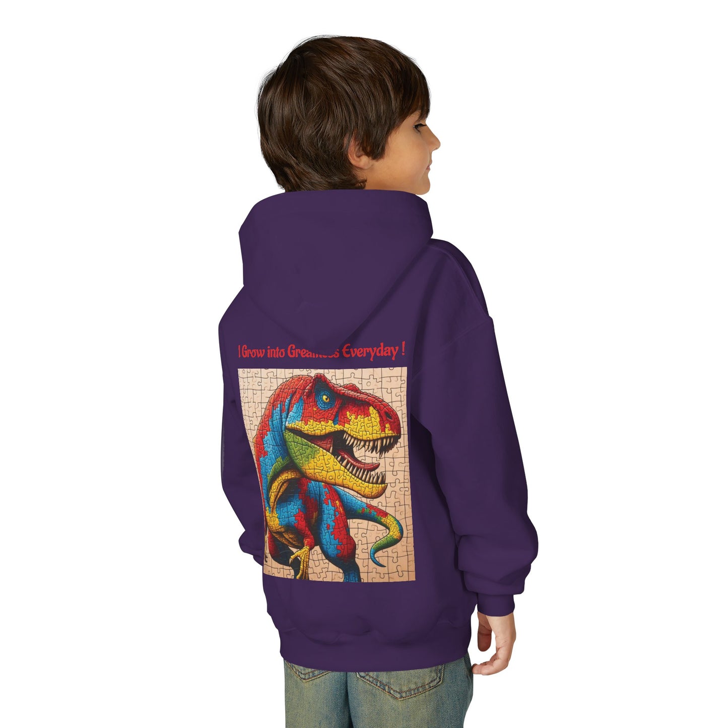 B.M.D Colorful Dinosaur Hoodie — Youth T‑Rex Puzzle Art Pullover
