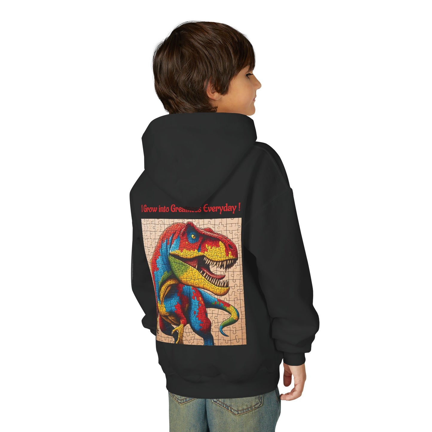 B.M.D Colorful Dinosaur Hoodie — Youth T‑Rex Puzzle Art Pullover