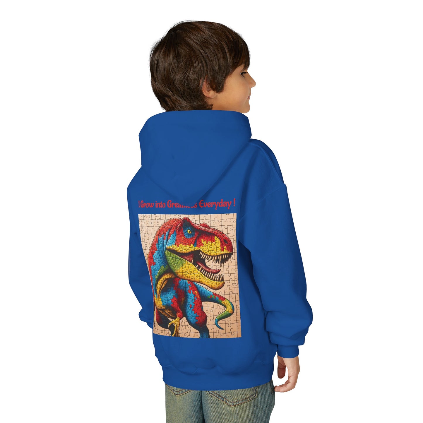B.M.D Colorful Dinosaur Hoodie — Youth T‑Rex Puzzle Art Pullover