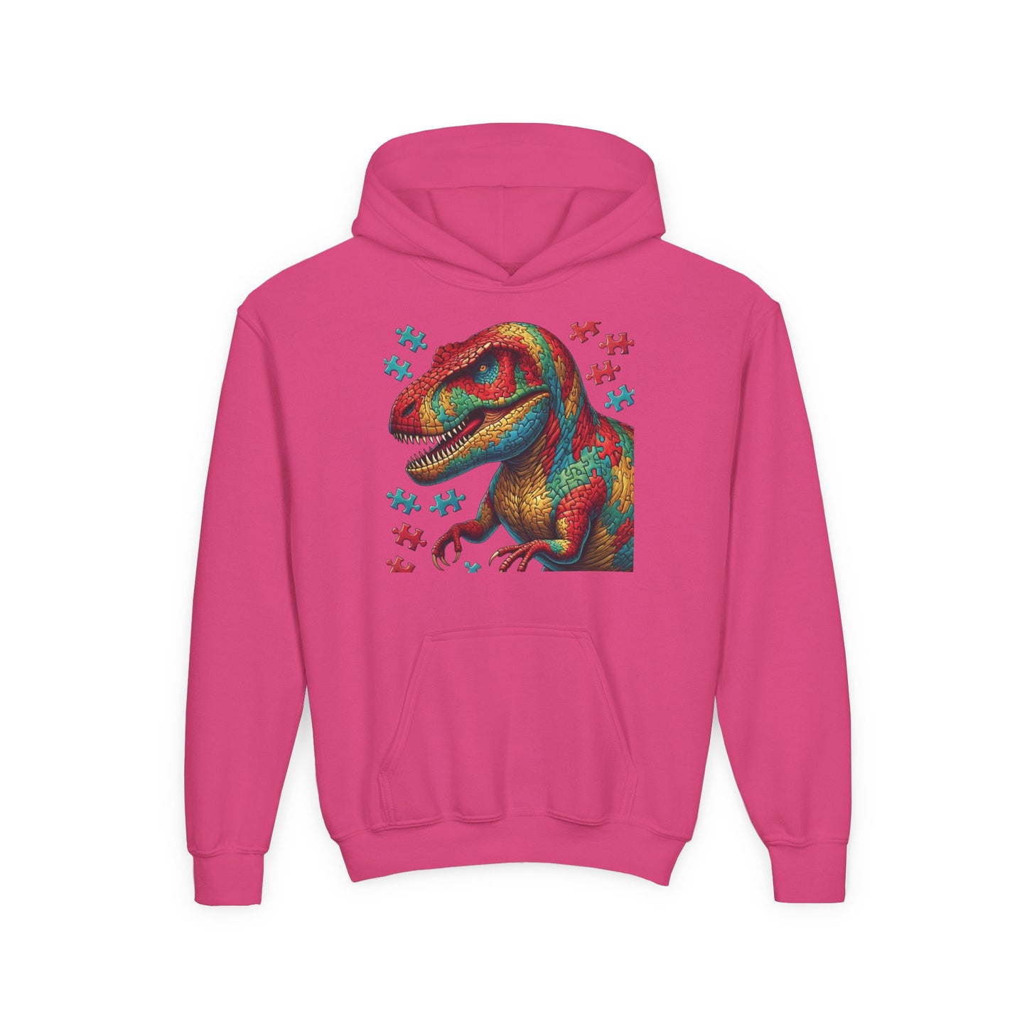 B.M.D Colorful Dinosaur Hoodie — Youth T‑Rex Puzzle Art Pullover