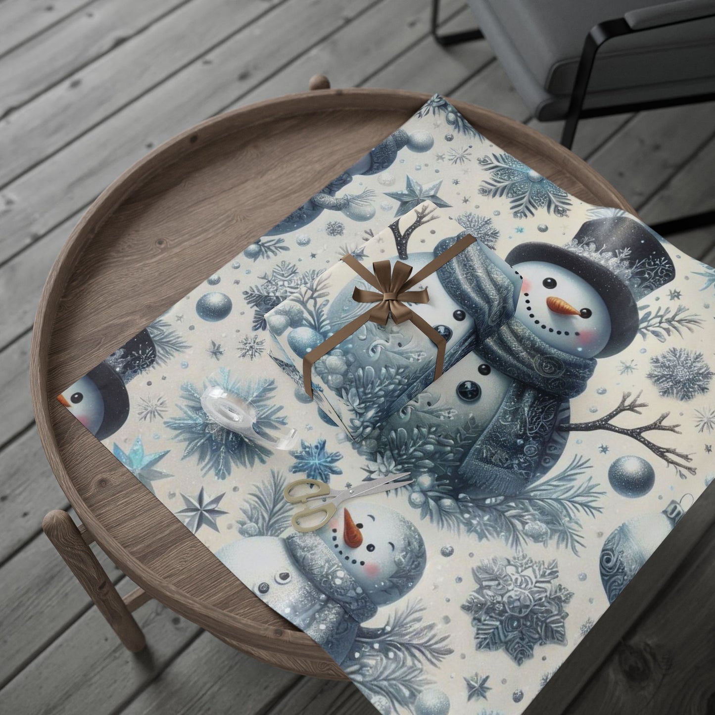 B.M.D Snowman Wrapping Paper Roll — Blue Winter Holiday Gift Wrap