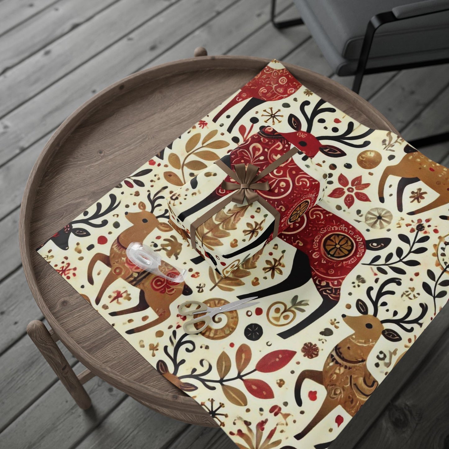 B.M.D Reindeer Folk Art Wrapping Paper Roll — Festive Scandinavian Holiday Gift Wrap