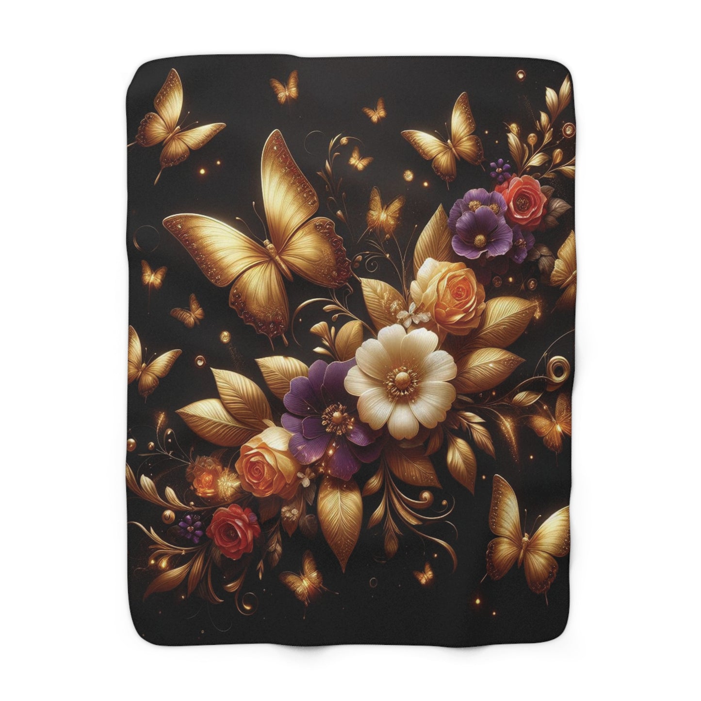 B.M.D Golden Butterfly and Flowers Fleece Blanket