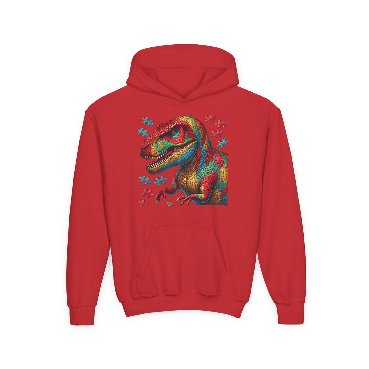 B.M.D Colorful Dinosaur Hoodie — Youth T‑Rex Puzzle Art Pullover