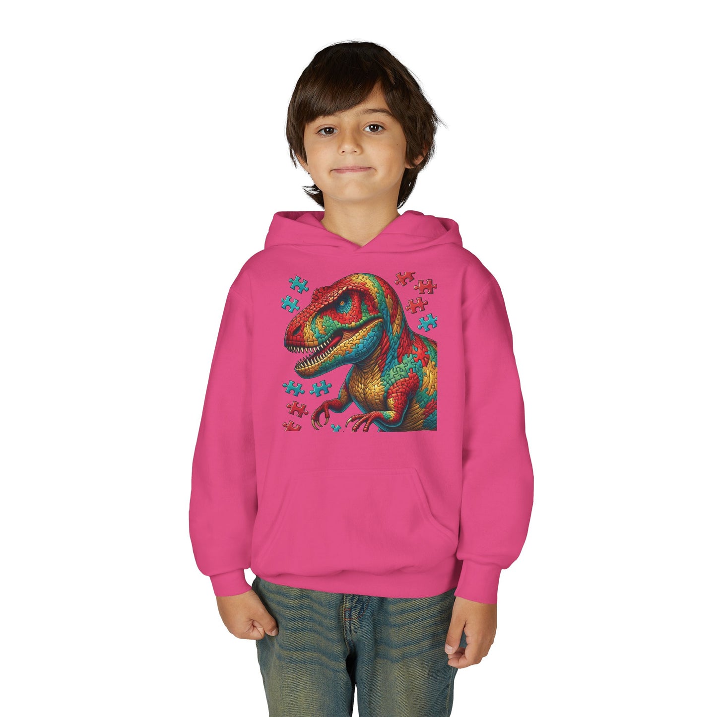 B.M.D Colorful Dinosaur Hoodie — Youth T‑Rex Puzzle Art Pullover