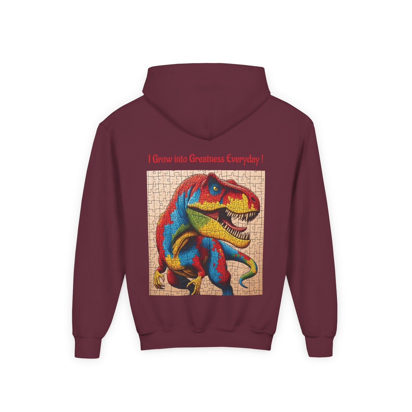 B.M.D Colorful Dinosaur Hoodie — Youth T‑Rex Puzzle Art Pullover