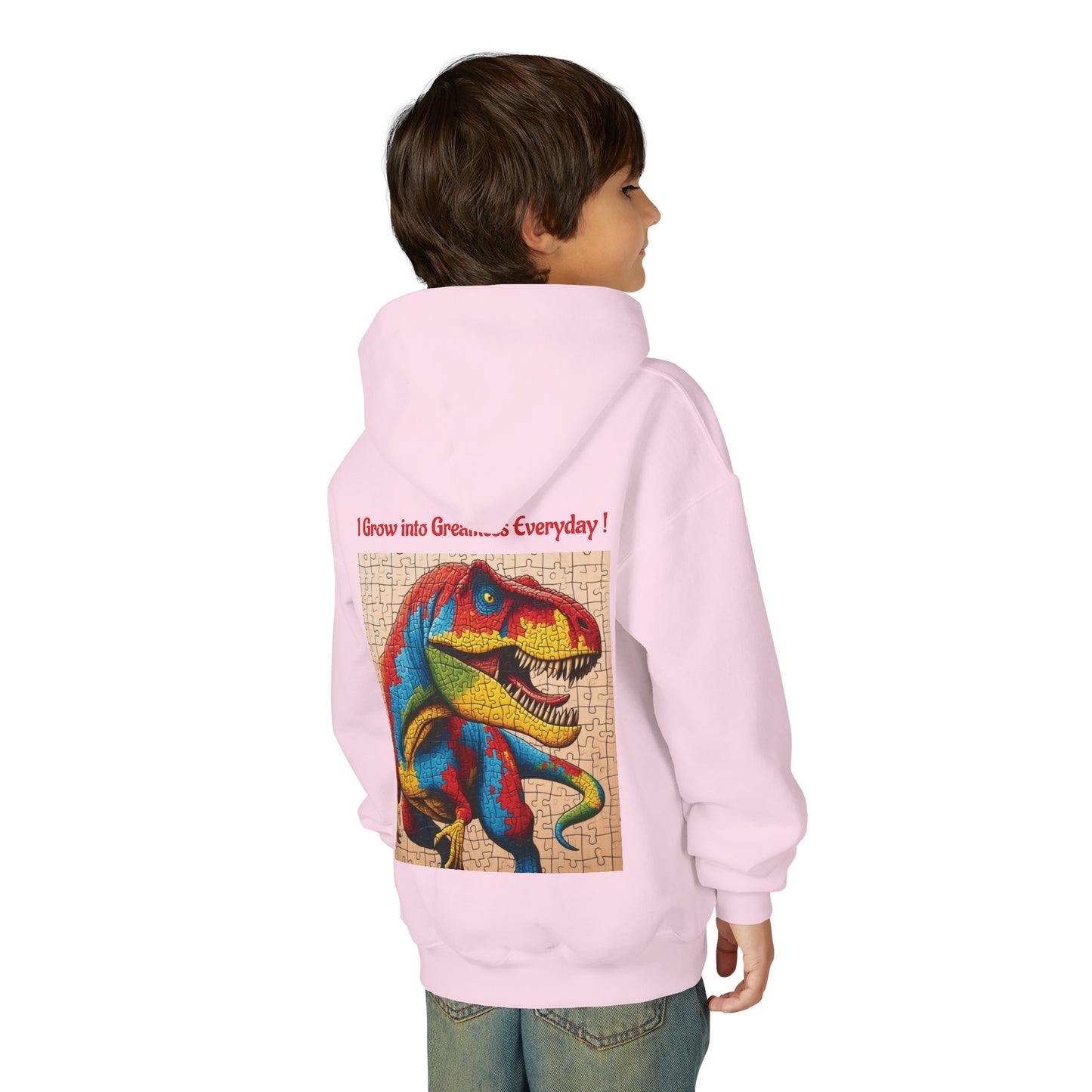 B.M.D Colorful Dinosaur Hoodie — Youth T‑Rex Puzzle Art Pullover