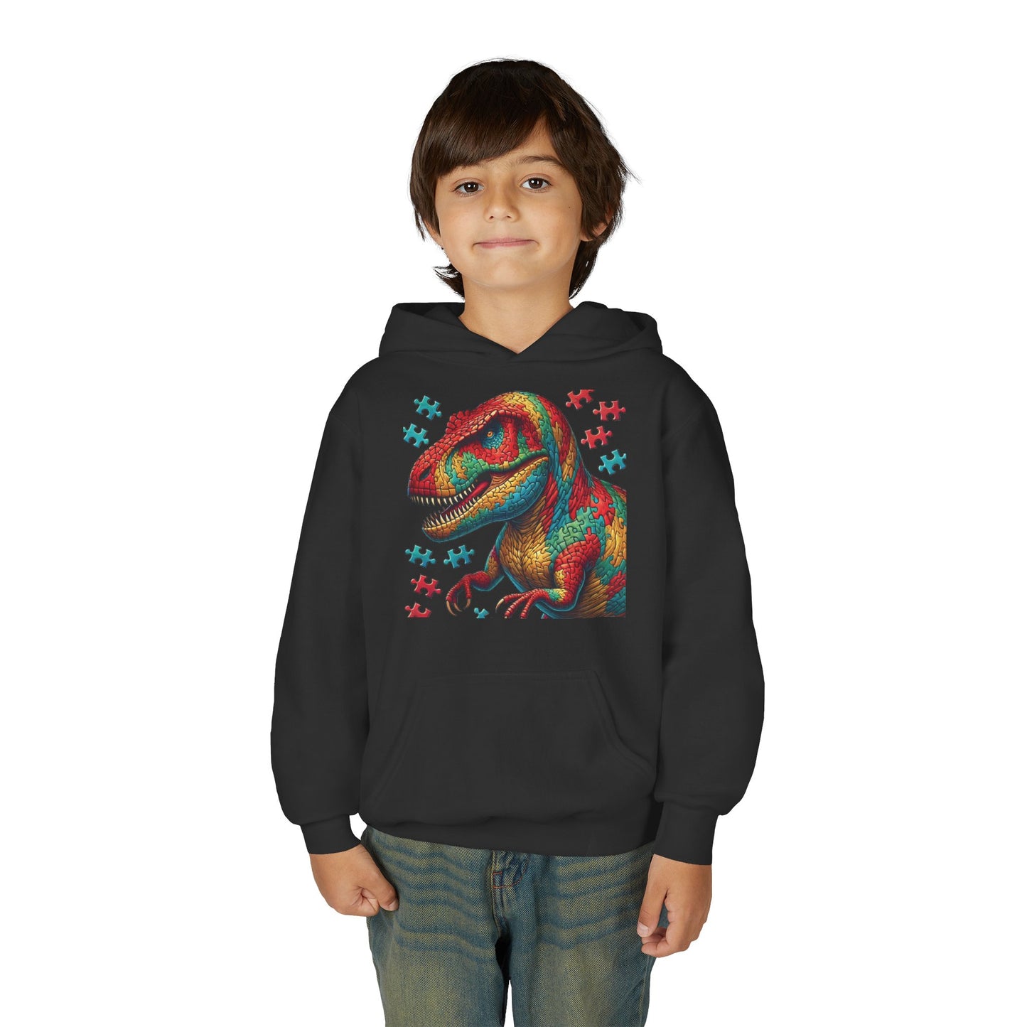 B.M.D Colorful Dinosaur Hoodie — Youth T‑Rex Puzzle Art Pullover