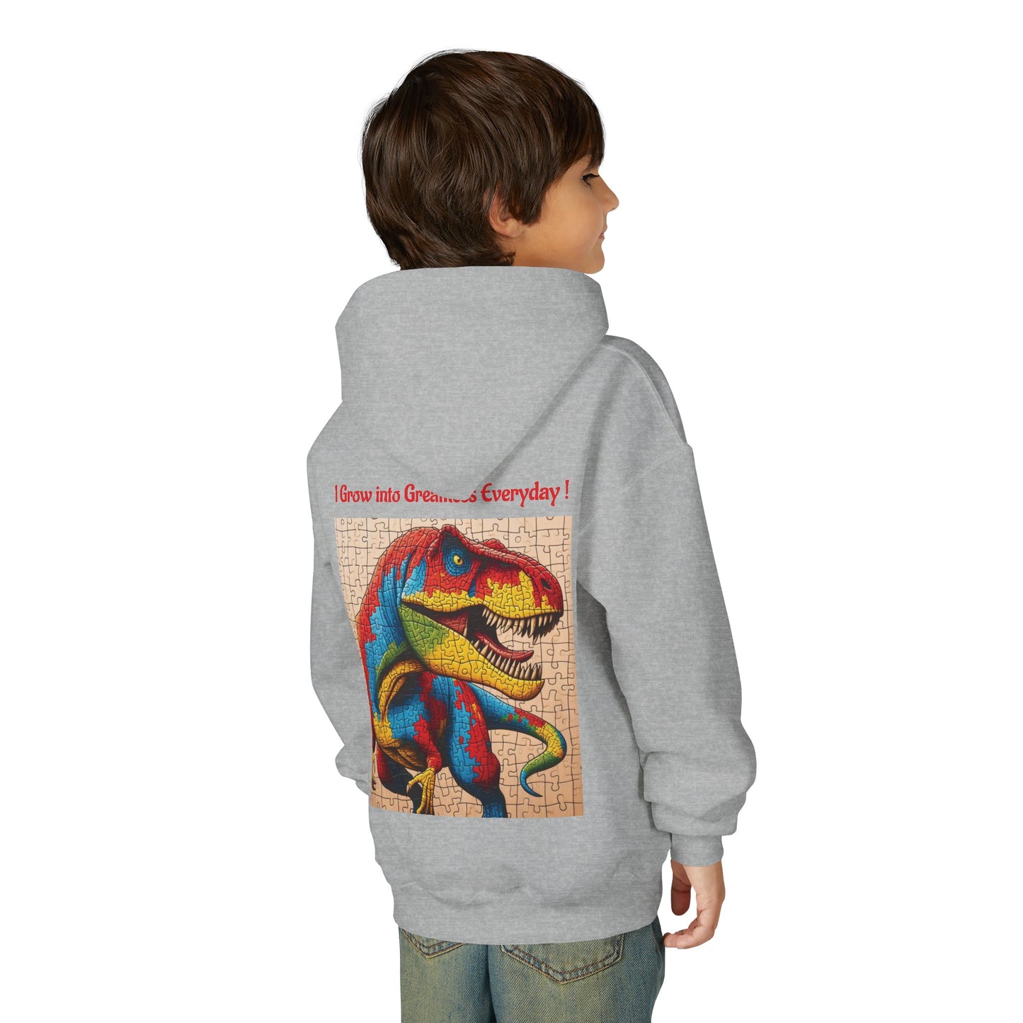 B.M.D Colorful Dinosaur Hoodie — Youth T‑Rex Puzzle Art Pullover
