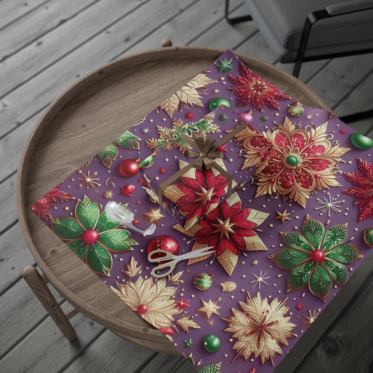 B.M.D Holiday Poinsettia Wrapping Paper — Festive Purple, Red & Gold Gift Wrap