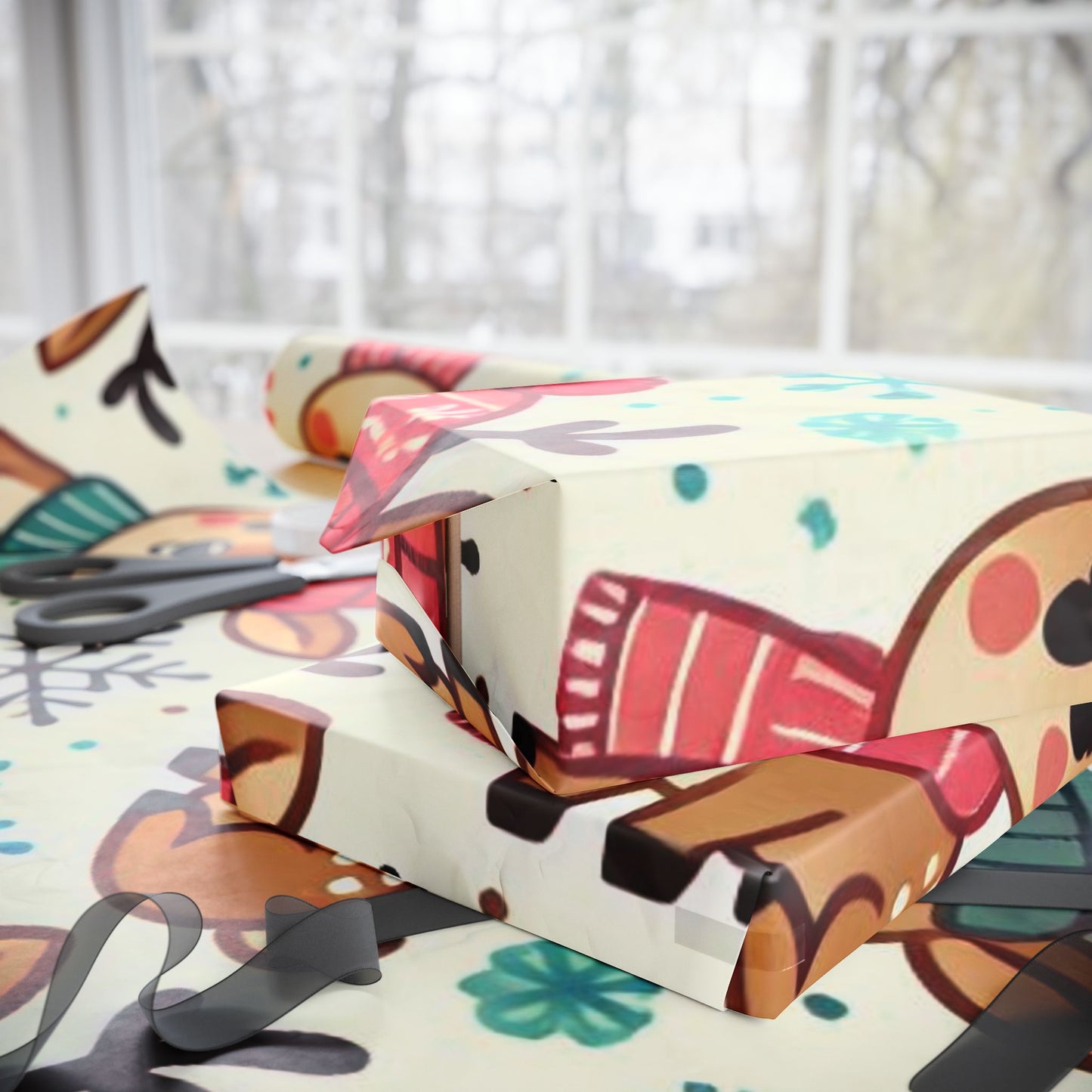 B.M.D Cute Reindeer Wrapping Paper – Festive Holiday Gift Wrap with Snowflakes & Trees