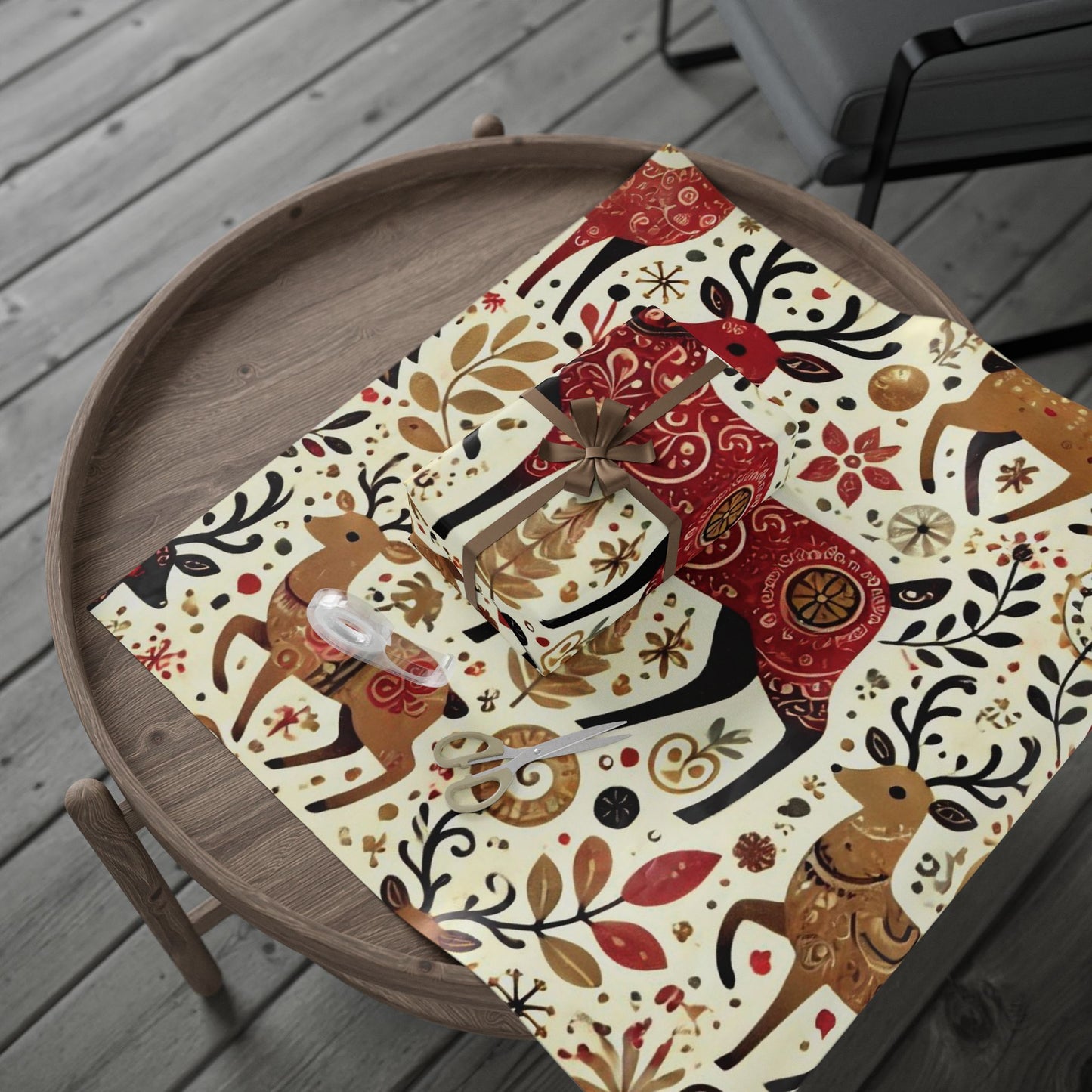 B.M.D Reindeer Folk Art Wrapping Paper Roll — Festive Scandinavian Holiday Gift Wrap
