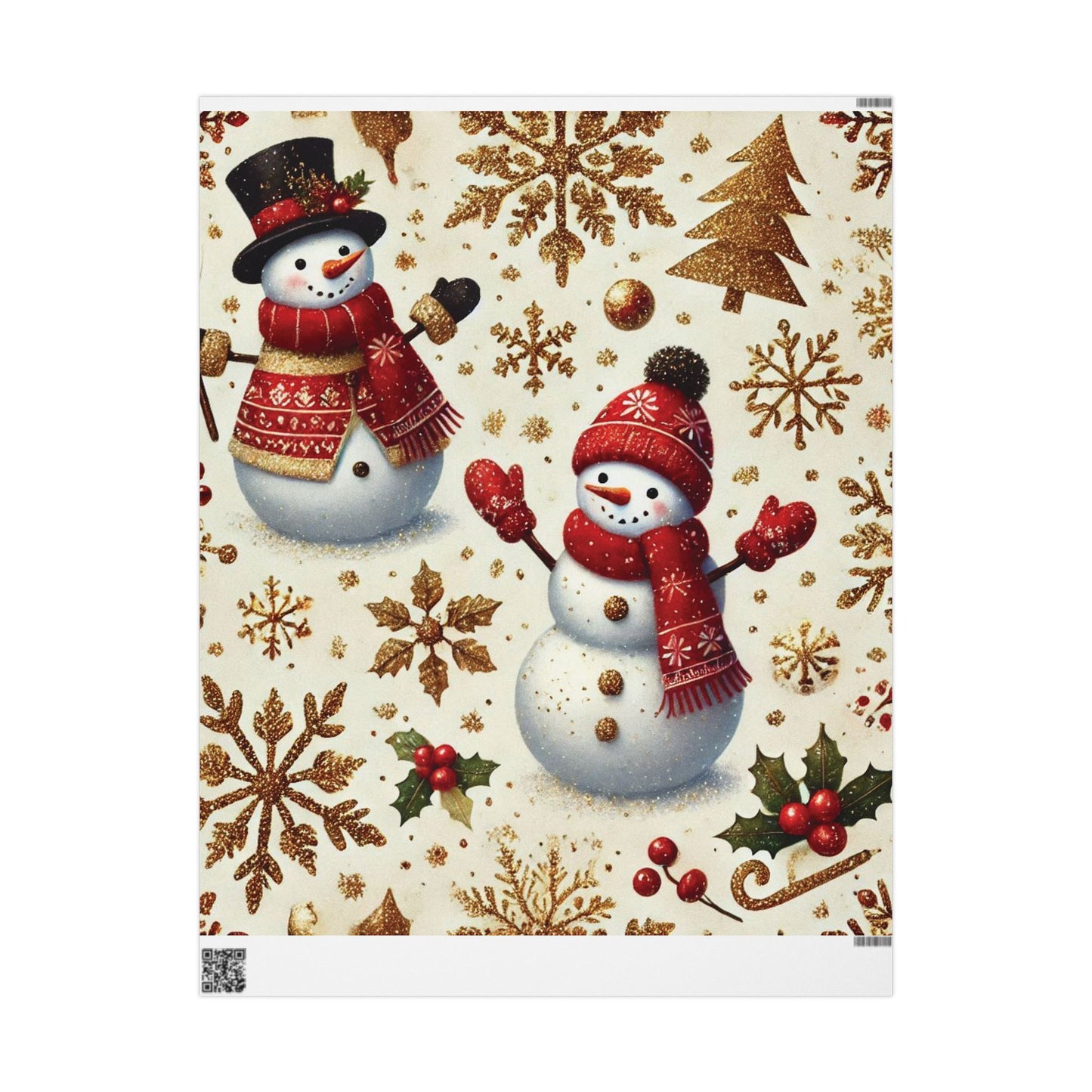 B.M.D Snowman Christmas Wrapping Paper - Festive Gold Snowflakes & Holly Gift Wrap