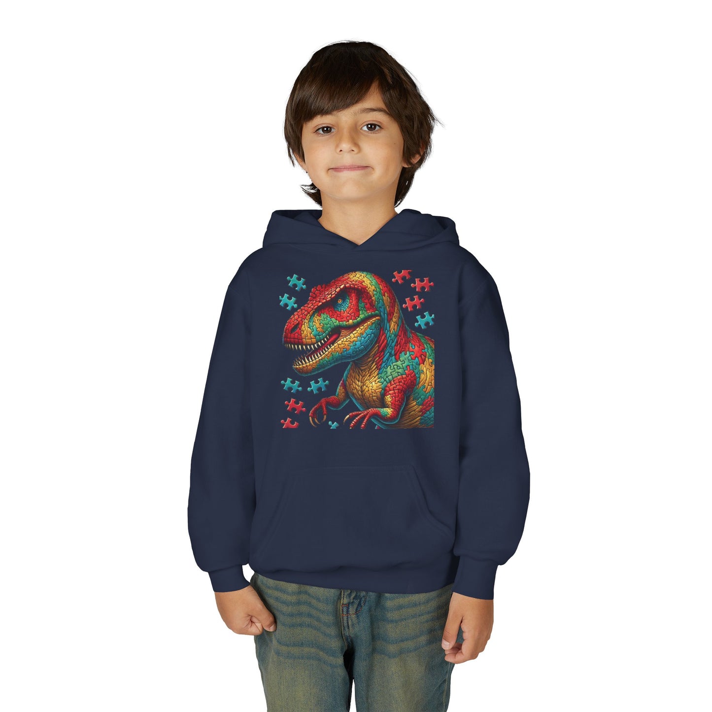 B.M.D Colorful Dinosaur Hoodie — Youth T‑Rex Puzzle Art Pullover