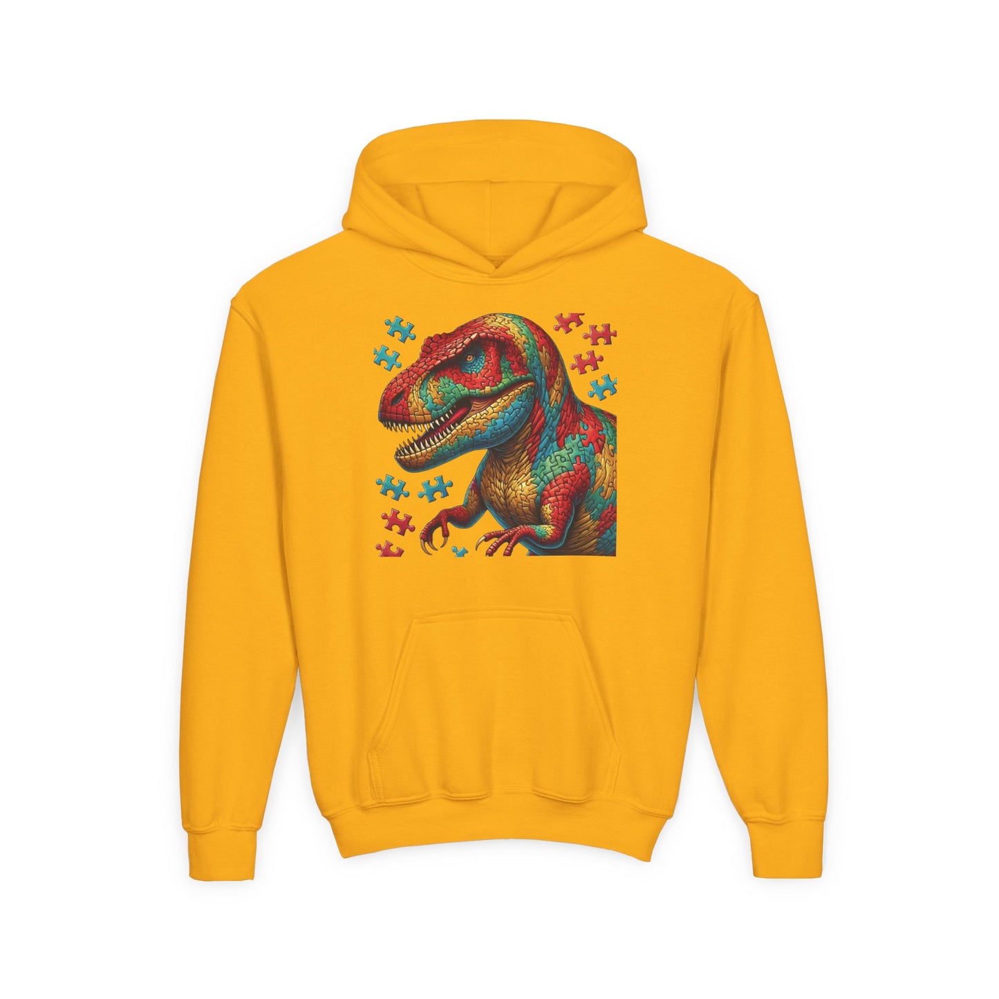 B.M.D Colorful Dinosaur Hoodie — Youth T‑Rex Puzzle Art Pullover