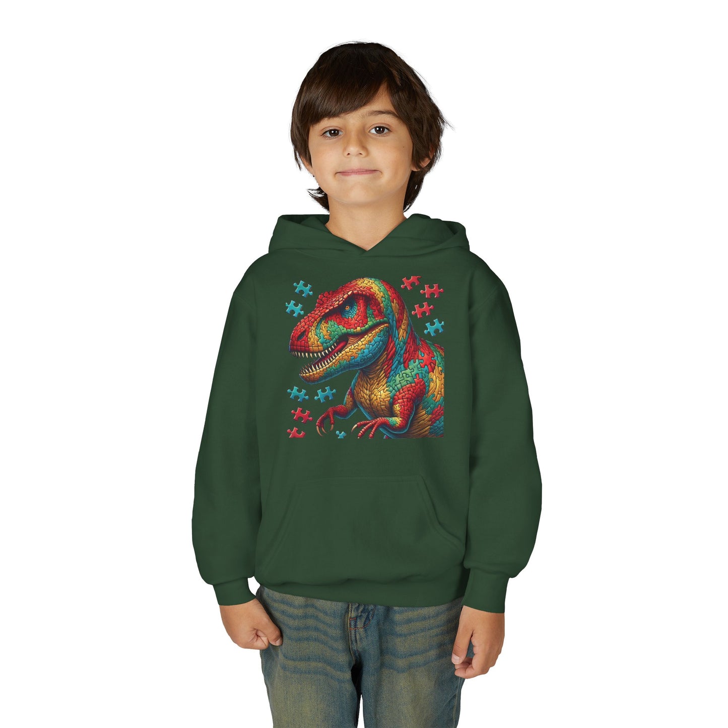 B.M.D Colorful Dinosaur Hoodie — Youth T‑Rex Puzzle Art Pullover