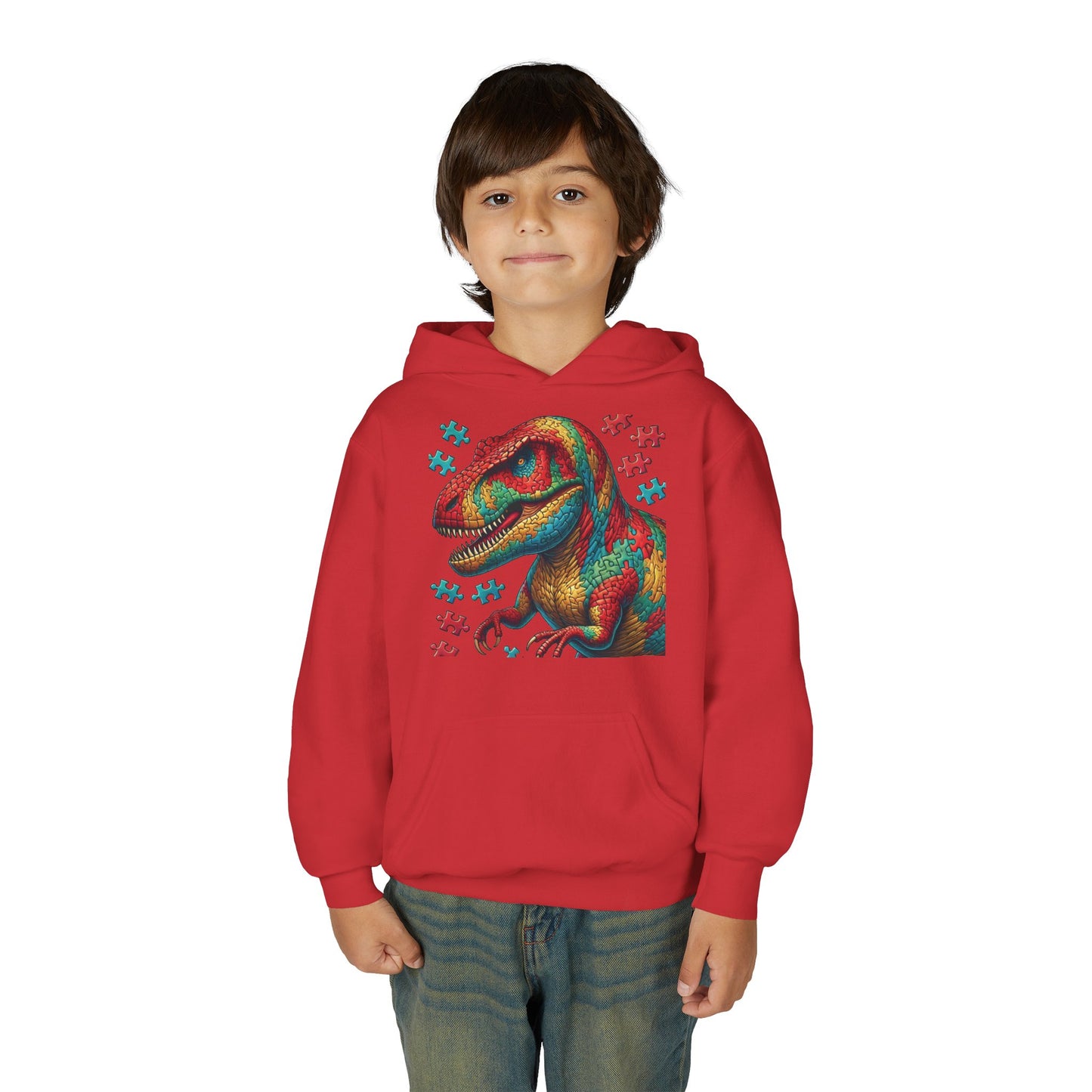 B.M.D Colorful Dinosaur Hoodie — Youth T‑Rex Puzzle Art Pullover