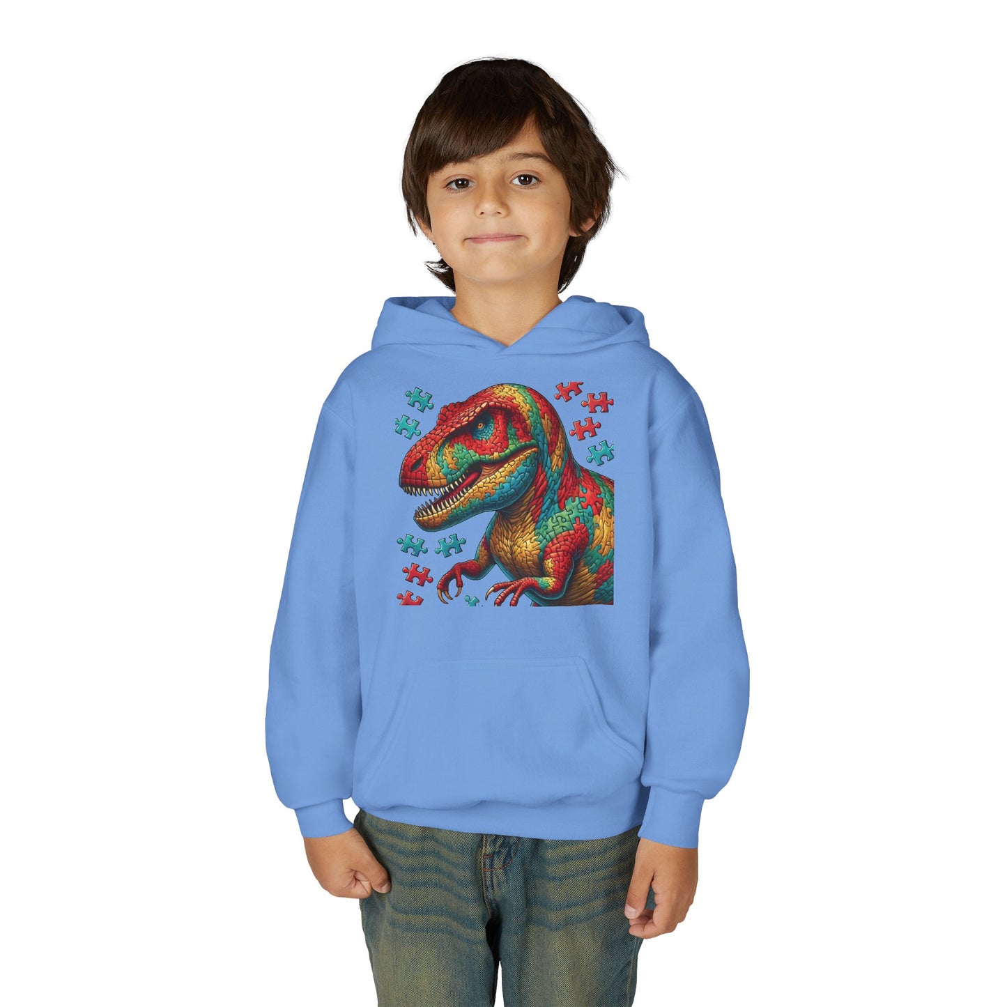 B.M.D Colorful Dinosaur Hoodie — Youth T‑Rex Puzzle Art Pullover