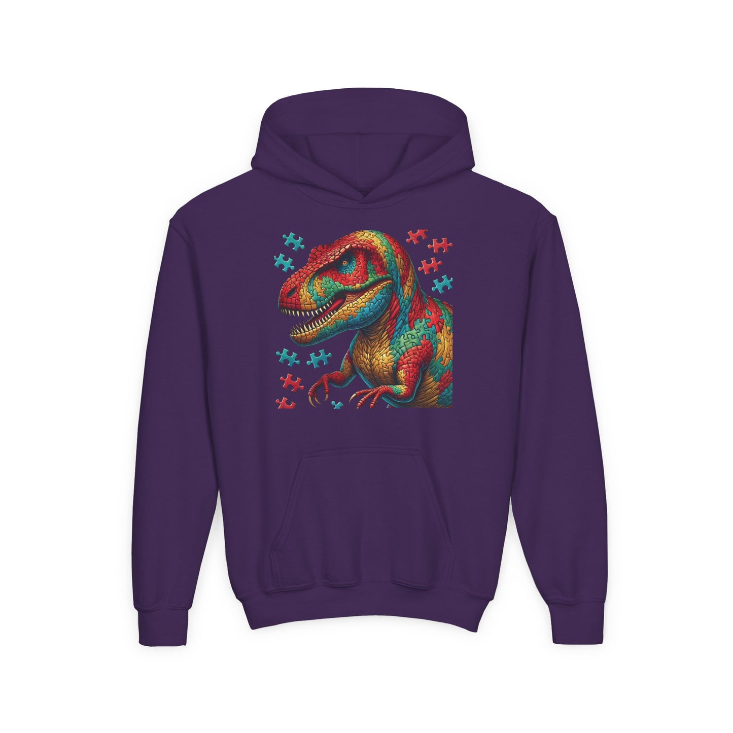 B.M.D Colorful Dinosaur Hoodie — Youth T‑Rex Puzzle Art Pullover