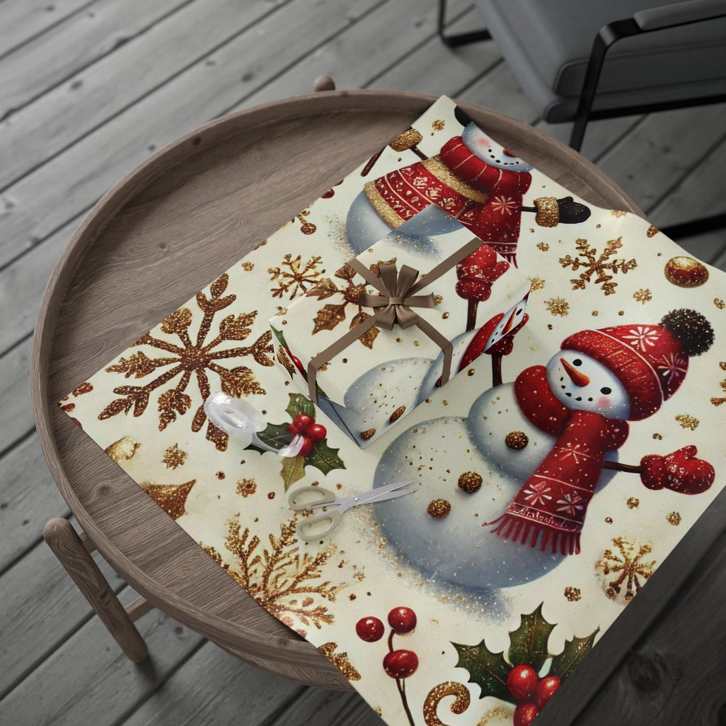 B.M.D Snowman Christmas Wrapping Paper - Festive Gold Snowflakes & Holly Gift Wrap