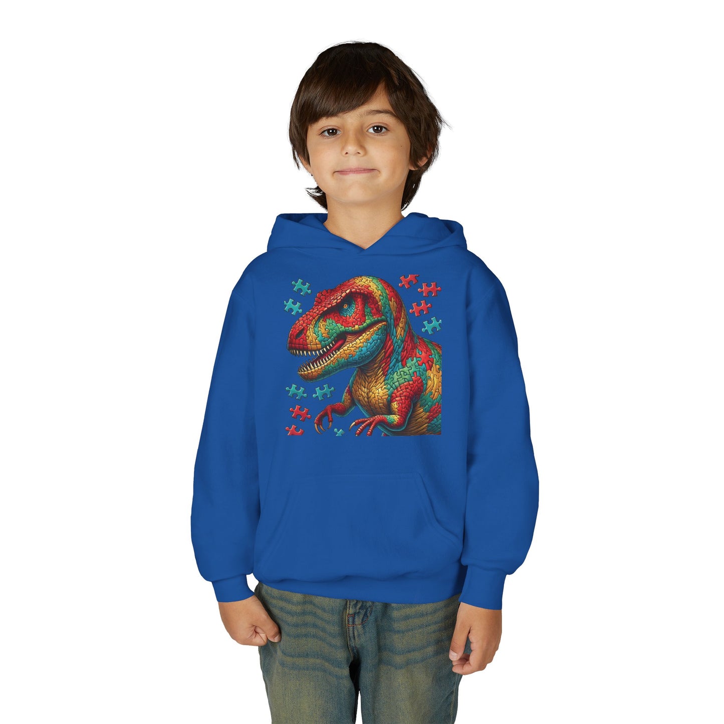 B.M.D Colorful Dinosaur Hoodie — Youth T‑Rex Puzzle Art Pullover