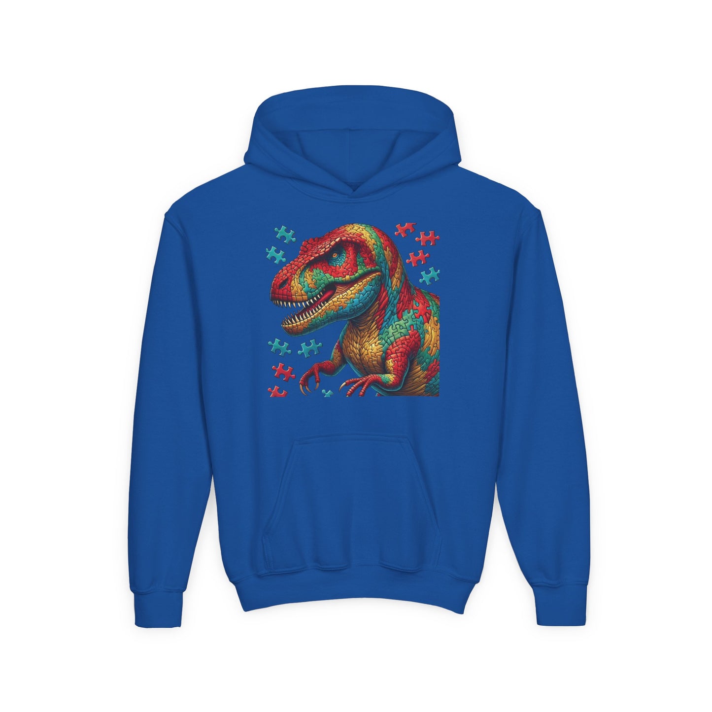 B.M.D Colorful Dinosaur Hoodie — Youth T‑Rex Puzzle Art Pullover