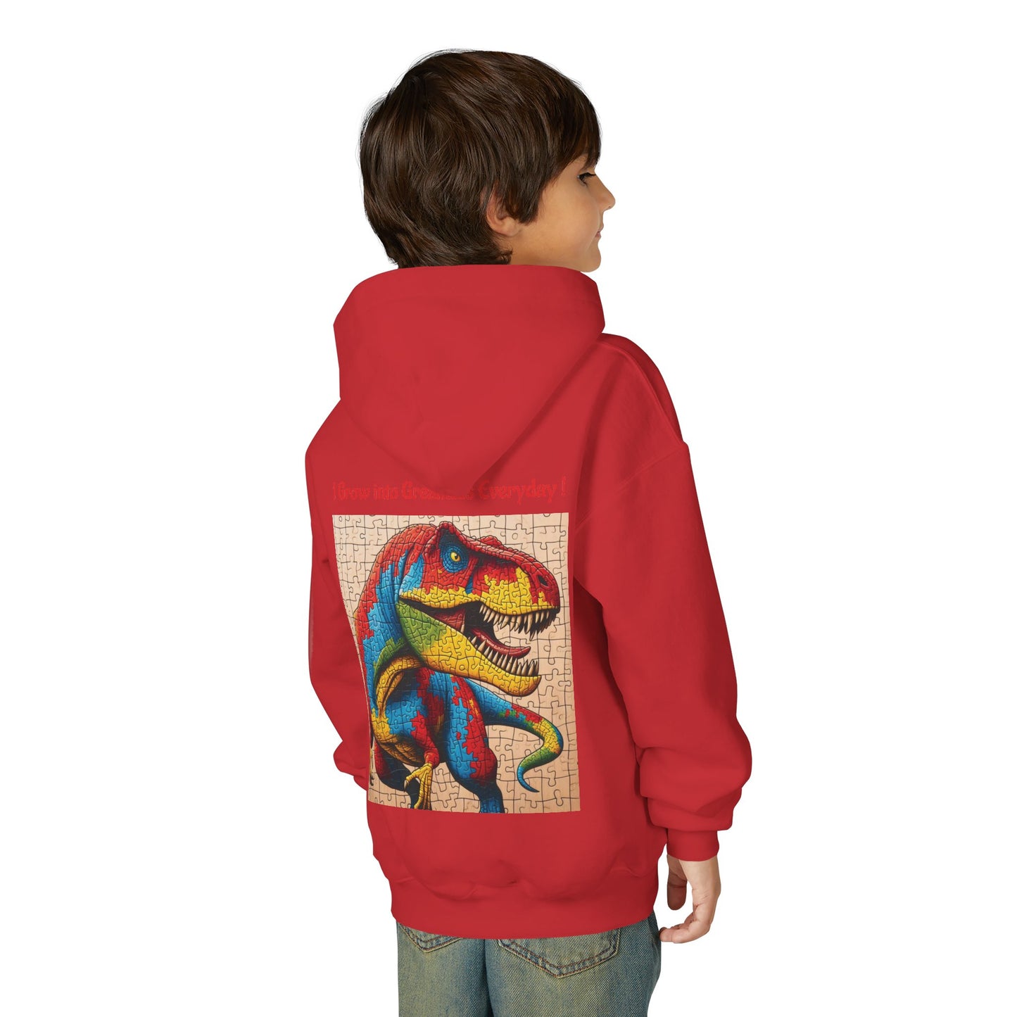 B.M.D Colorful Dinosaur Hoodie — Youth T‑Rex Puzzle Art Pullover
