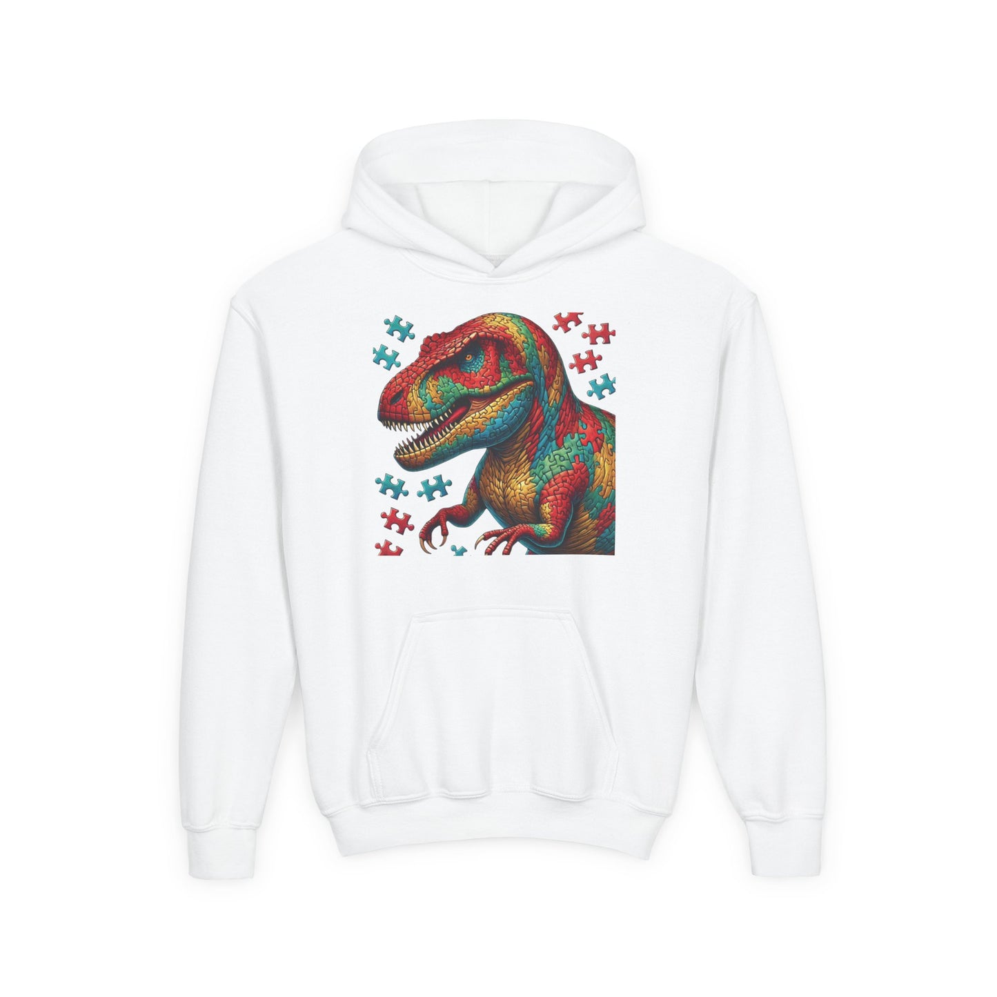 B.M.D Colorful Dinosaur Hoodie — Youth T‑Rex Puzzle Art Pullover