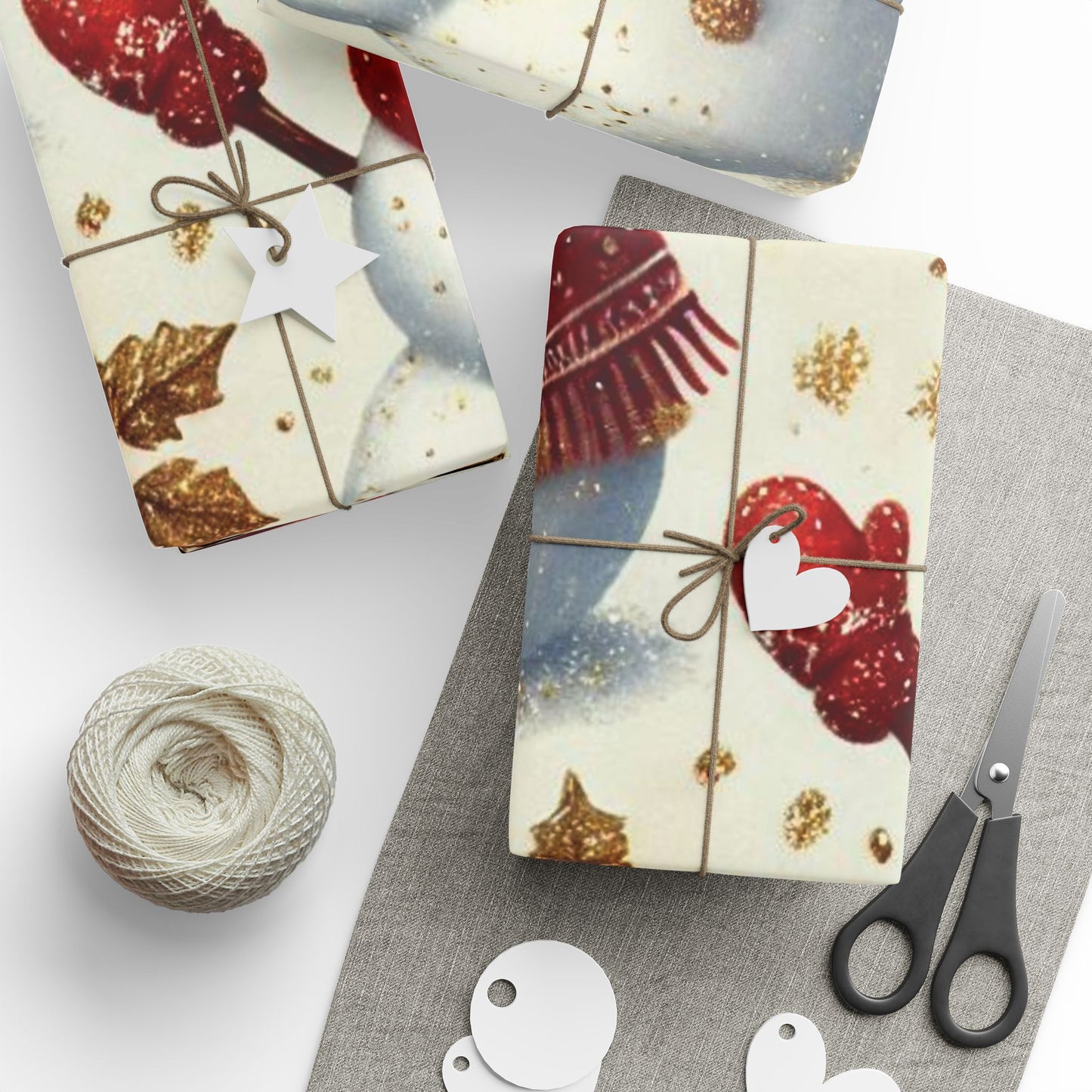 B.M.D Snowman Christmas Wrapping Paper - Festive Gold Snowflakes & Holly Gift Wrap