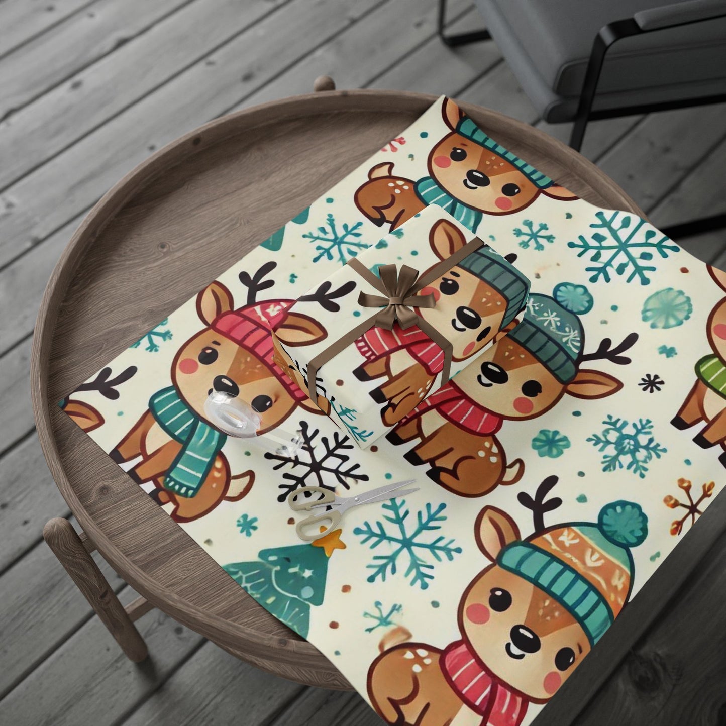B.M.D Cute Reindeer Wrapping Paper – Festive Holiday Gift Wrap with Snowflakes & Trees