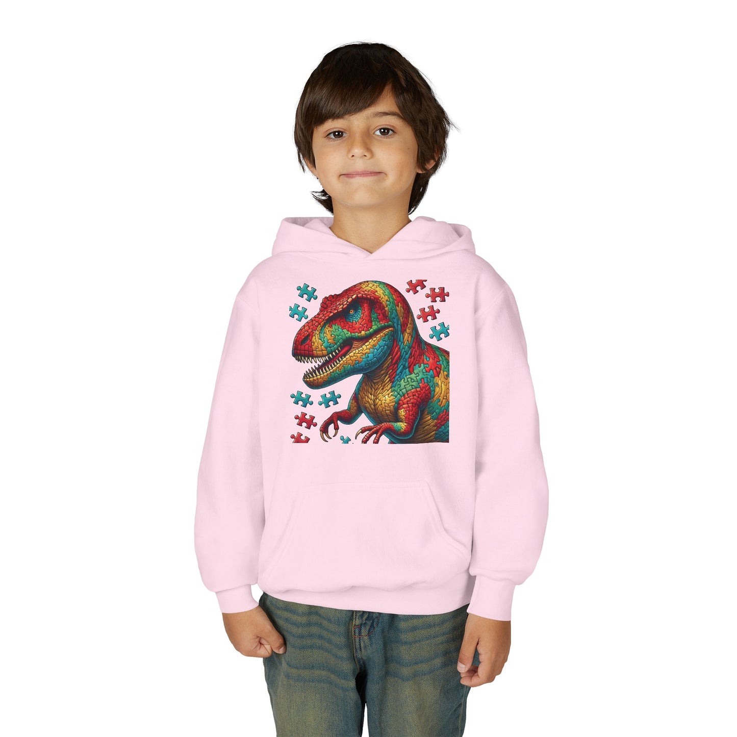 B.M.D Colorful Dinosaur Hoodie — Youth T‑Rex Puzzle Art Pullover