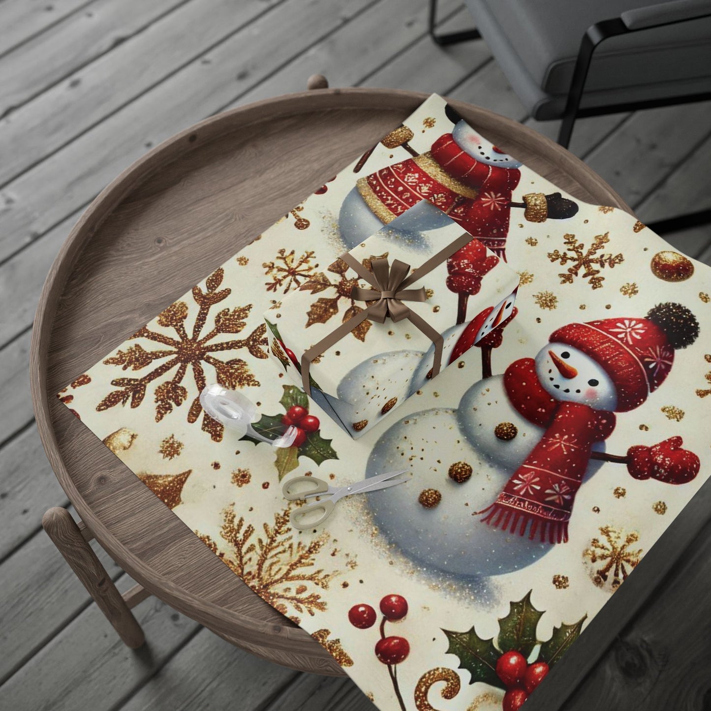B.M.D Snowman Christmas Wrapping Paper - Festive Gold Snowflakes & Holly Gift Wrap