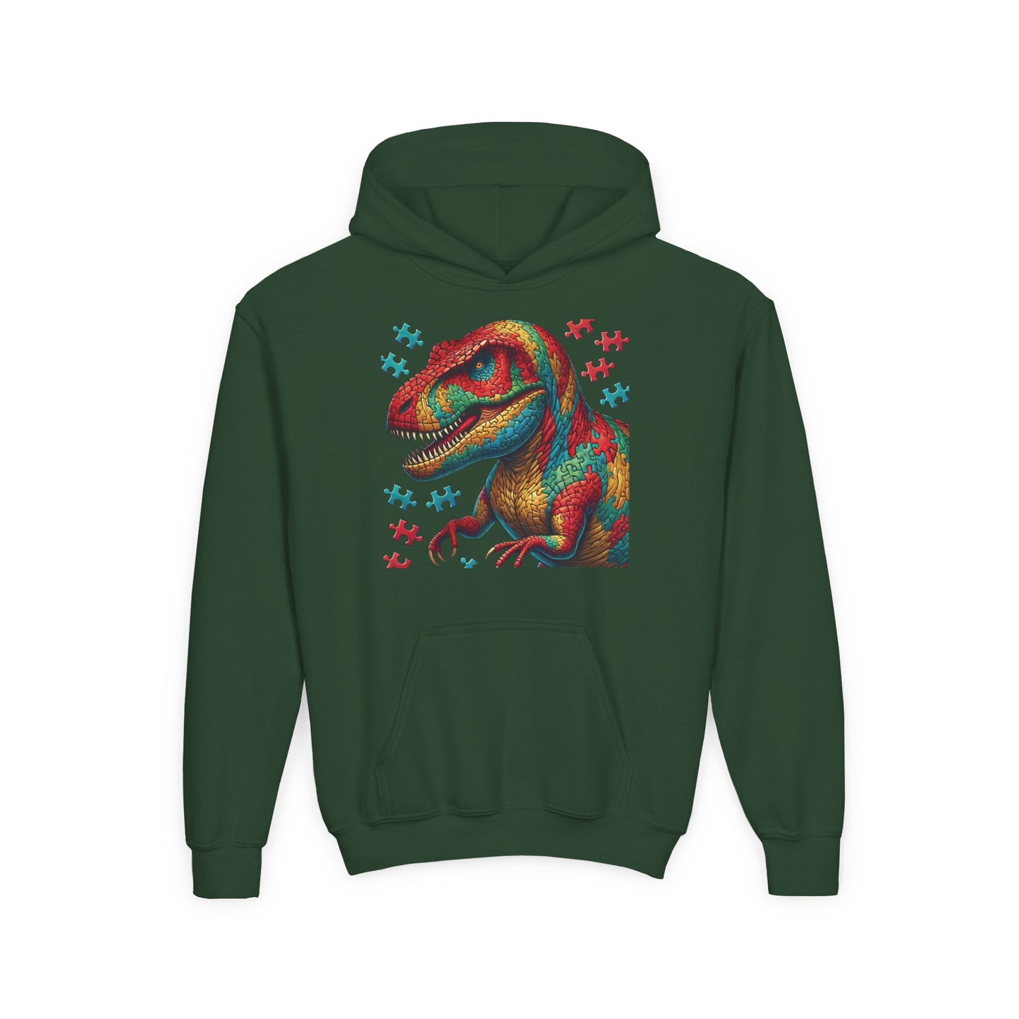 B.M.D Colorful Dinosaur Hoodie — Youth T‑Rex Puzzle Art Pullover
