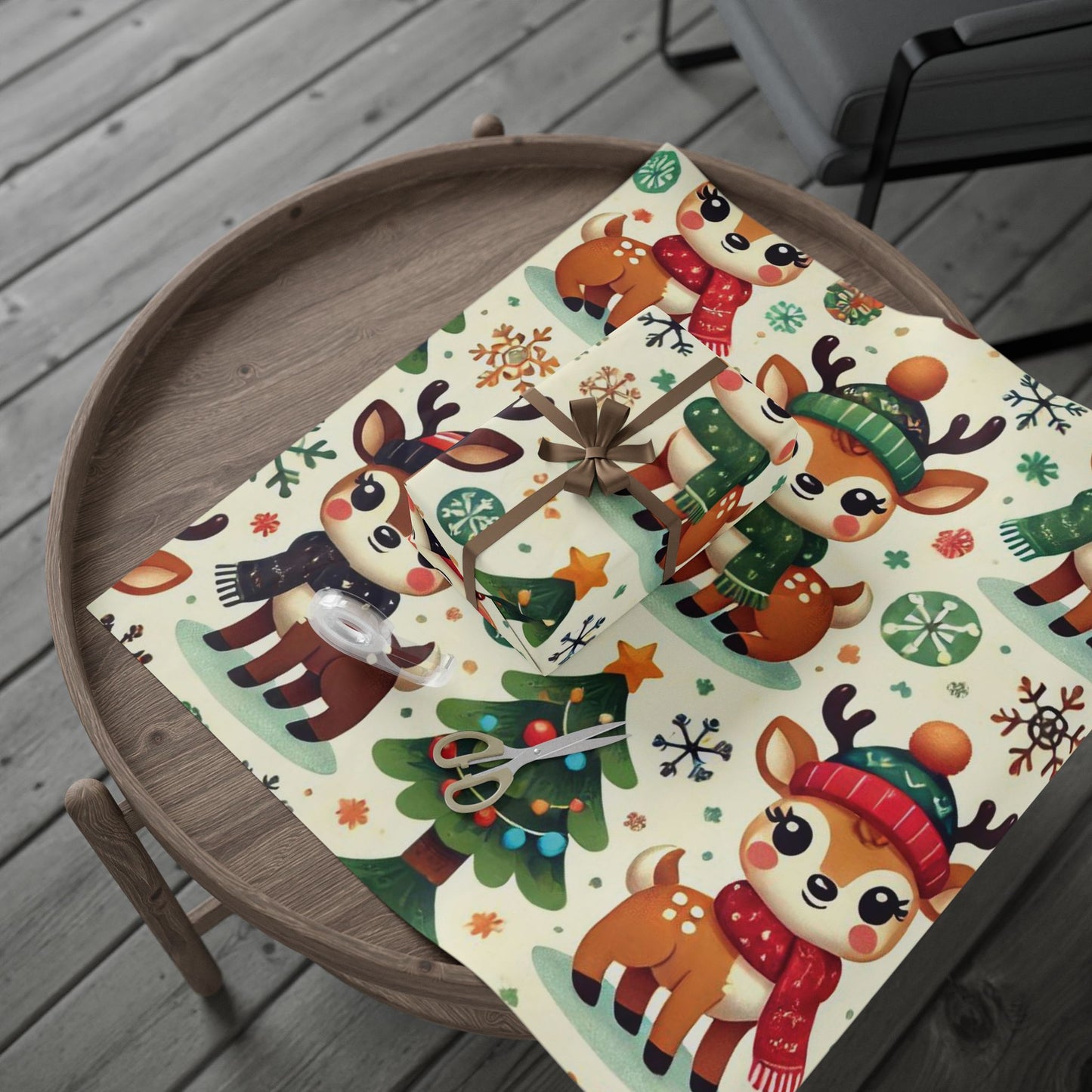 B.M.D Cute Reindeer Christmas Wrapping Paper Roll — Festive Holiday Gift Wrap with Trees & Snowflakes