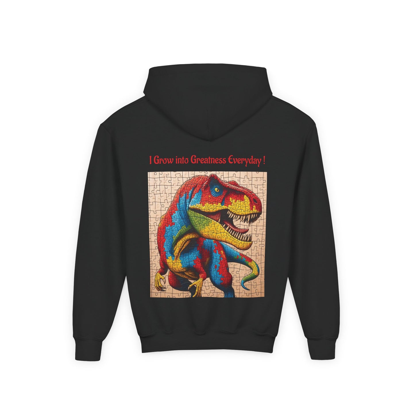 B.M.D Colorful Dinosaur Hoodie — Youth T‑Rex Puzzle Art Pullover
